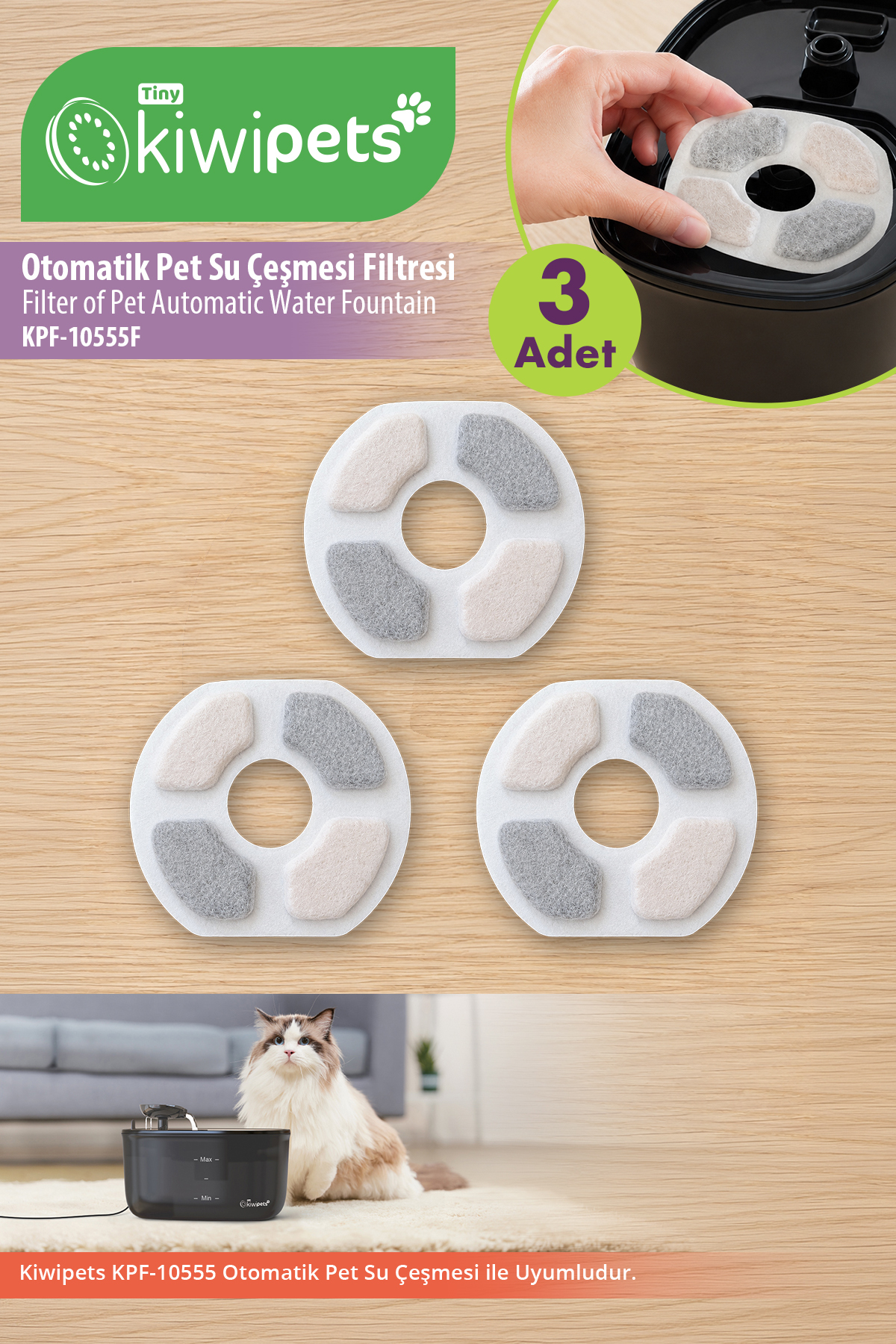 فیلتر یدکی آب‌خوری فواره‌ای خودکار حیوانات خانگی تاینی کیوی‌پتس Tiny Kiwipets، بسته ۳ عددی، مدل KPF-10555F