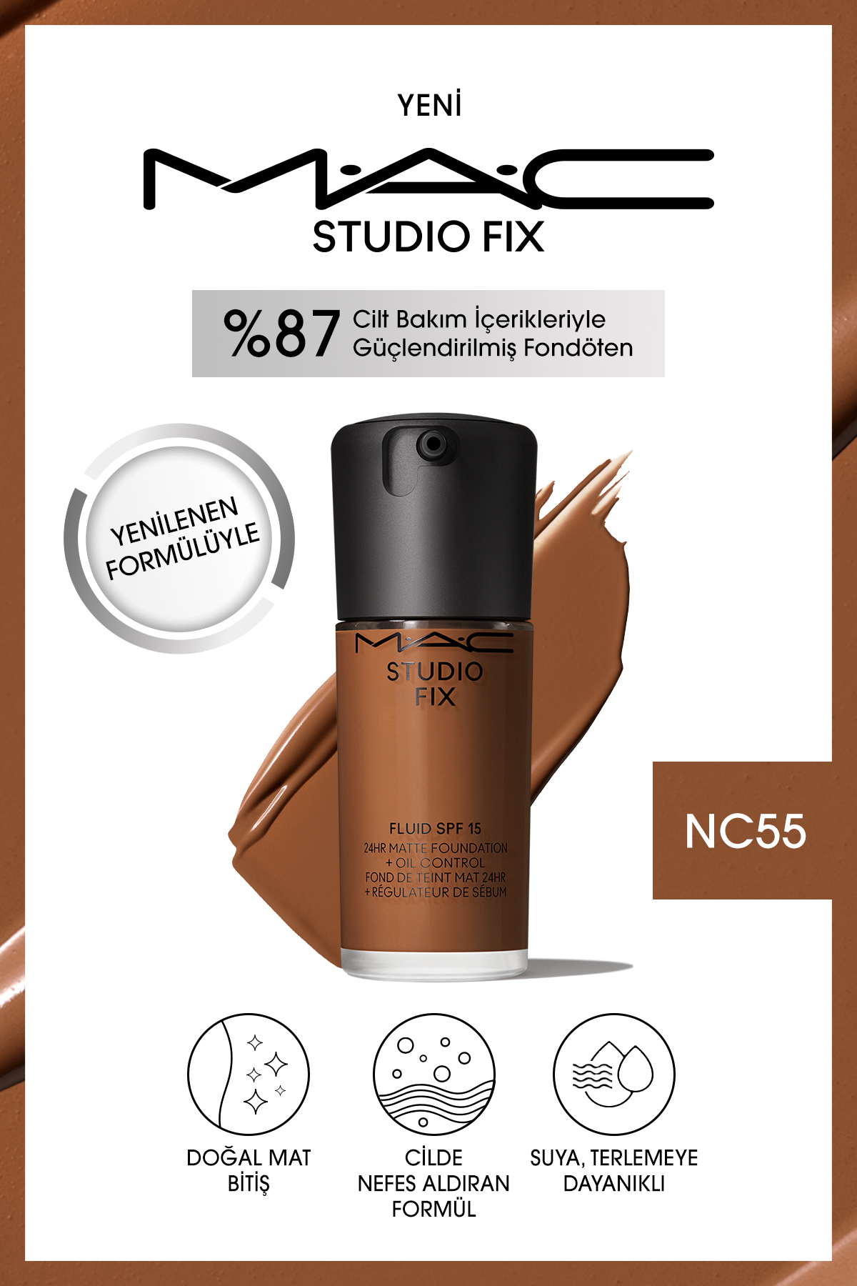 کرم پودر بنیاد دائمی مت تا 24 ساعت استودیو رفع سیال SPF15 رنگ: NC55 30ML Mac