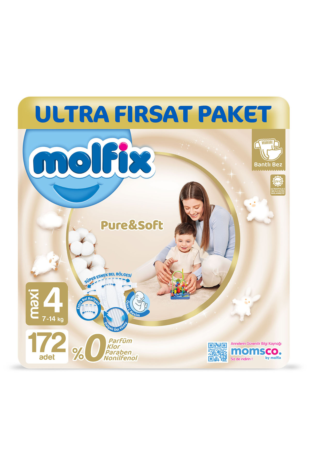 پوشک بچه PURE &amp; SOFT سایز 4 ماکسی 172 عدد اورجینال Molfix