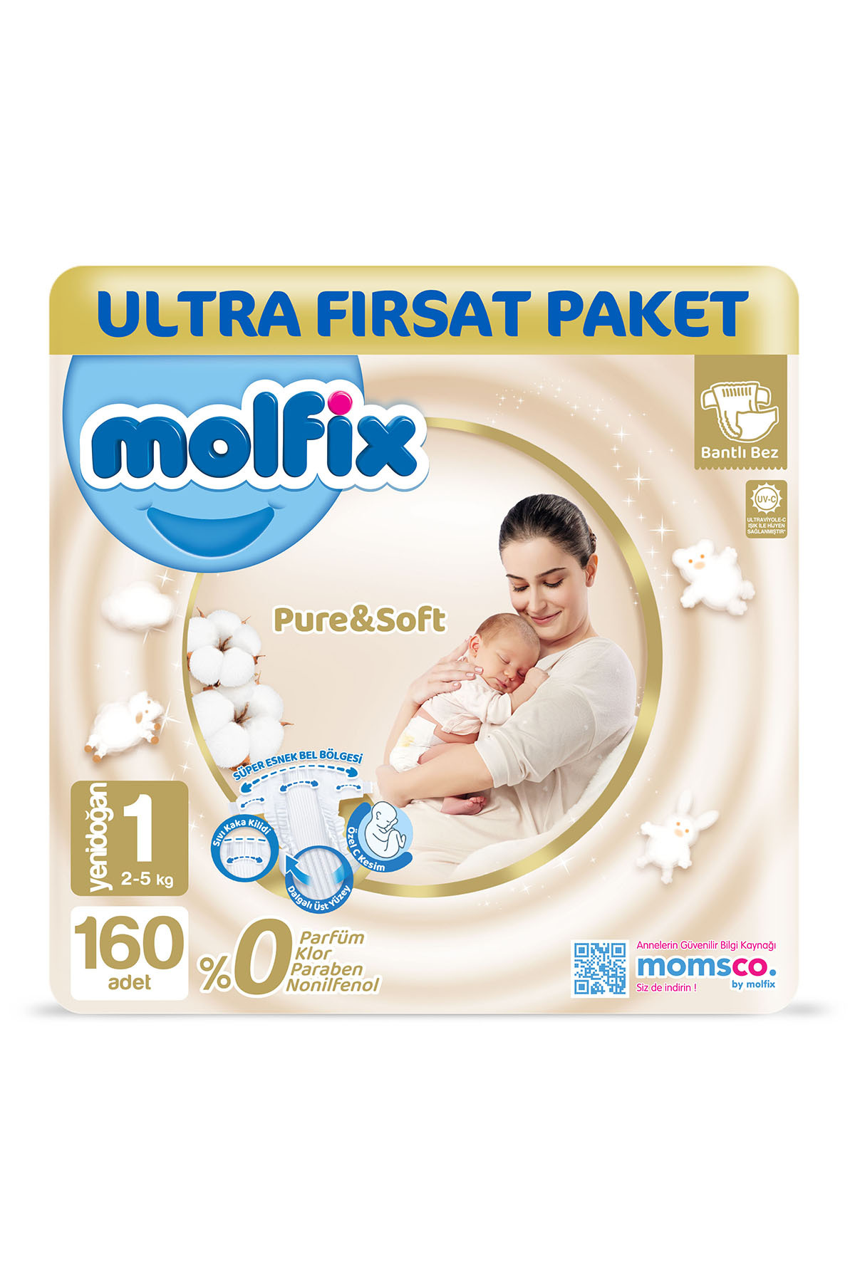 پوشک بچه نوزاد خالص و نرم 1 سایز 160 عدد اورجینال Molfix
