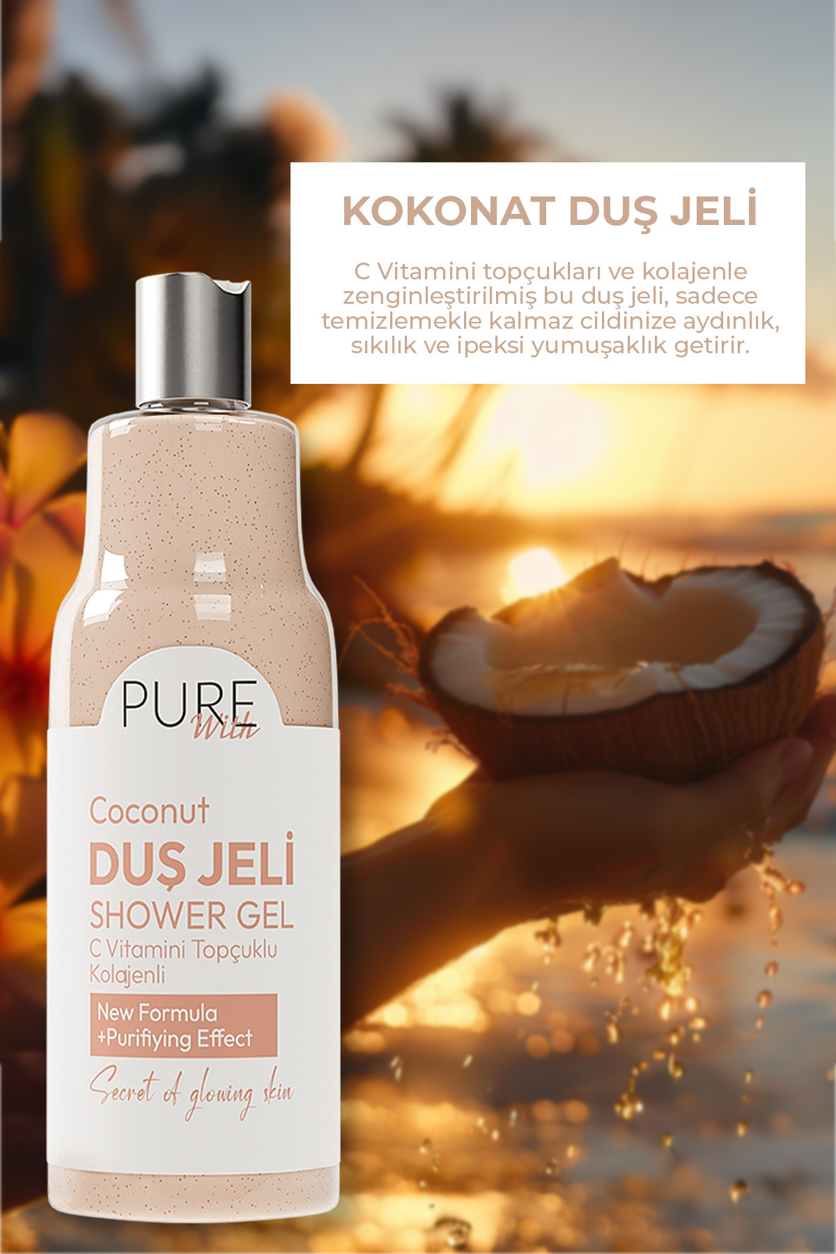 ژل دوش مرطوب کننده عصاره نارگیل 400 میلی لیتری – اثر طراوت طبیعی | خالص با Pure With