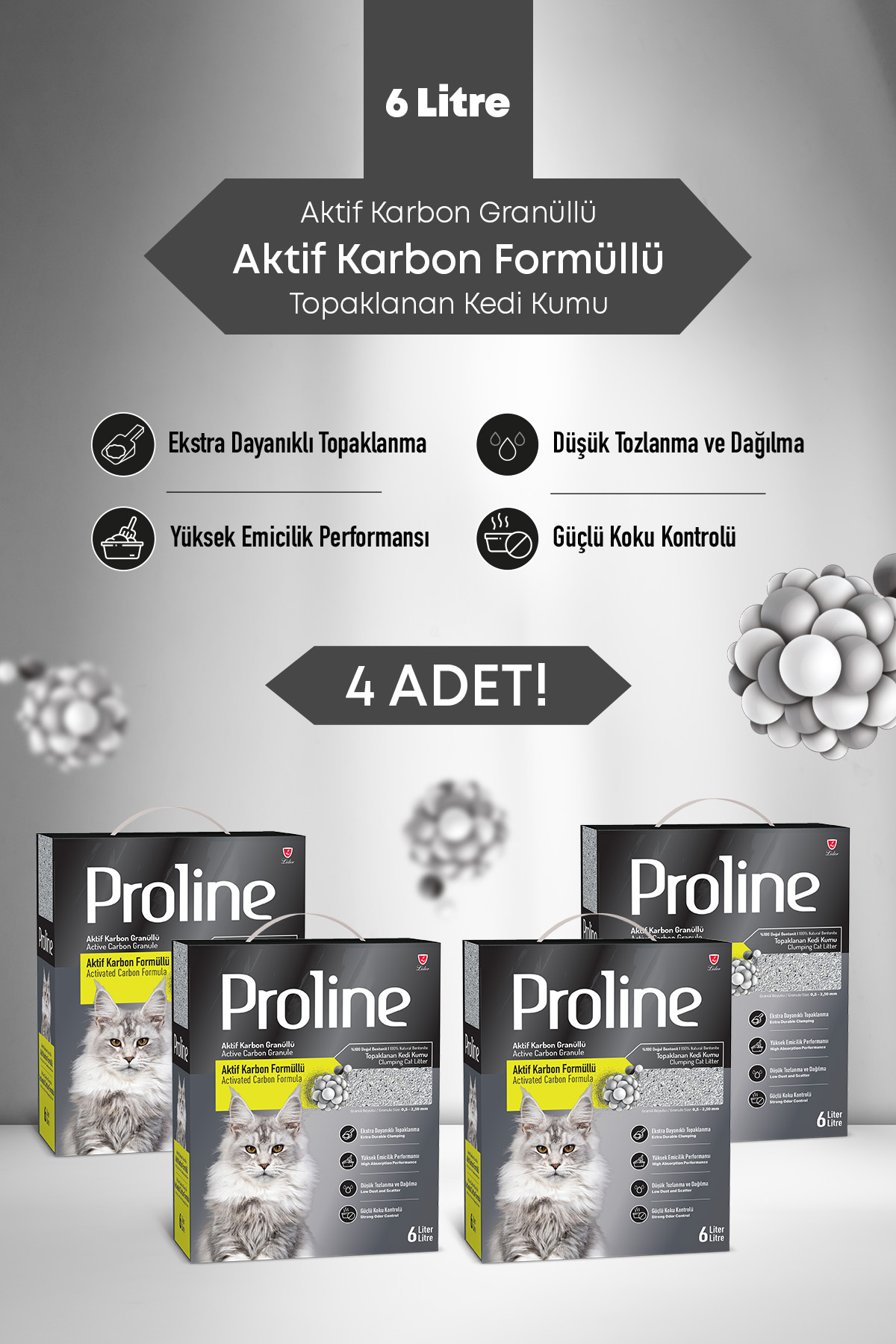 خاک گربه بنتونیتی دانه‌ریز با کربن فعال، ۴ بسته ۶ لیتری پرولاین Proline