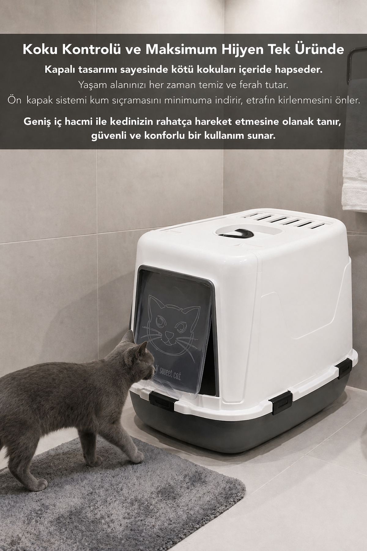 توالت گربه سرپوشیده XXL مگا با فیلتر بو و بیلچه، سفید، ملنی هوم Meleni Home مدل MCH-4203