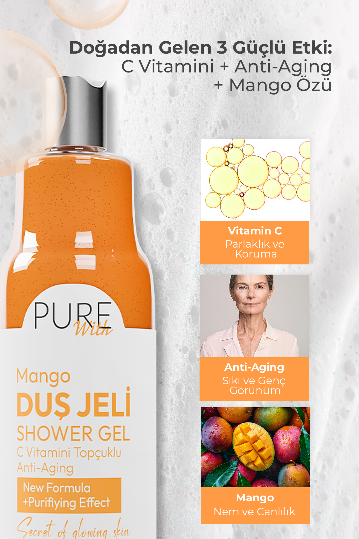 ژل دوش تصفیه کننده ضد پیری با ویتامین C و عصاره انبه 400 میل Pure With
