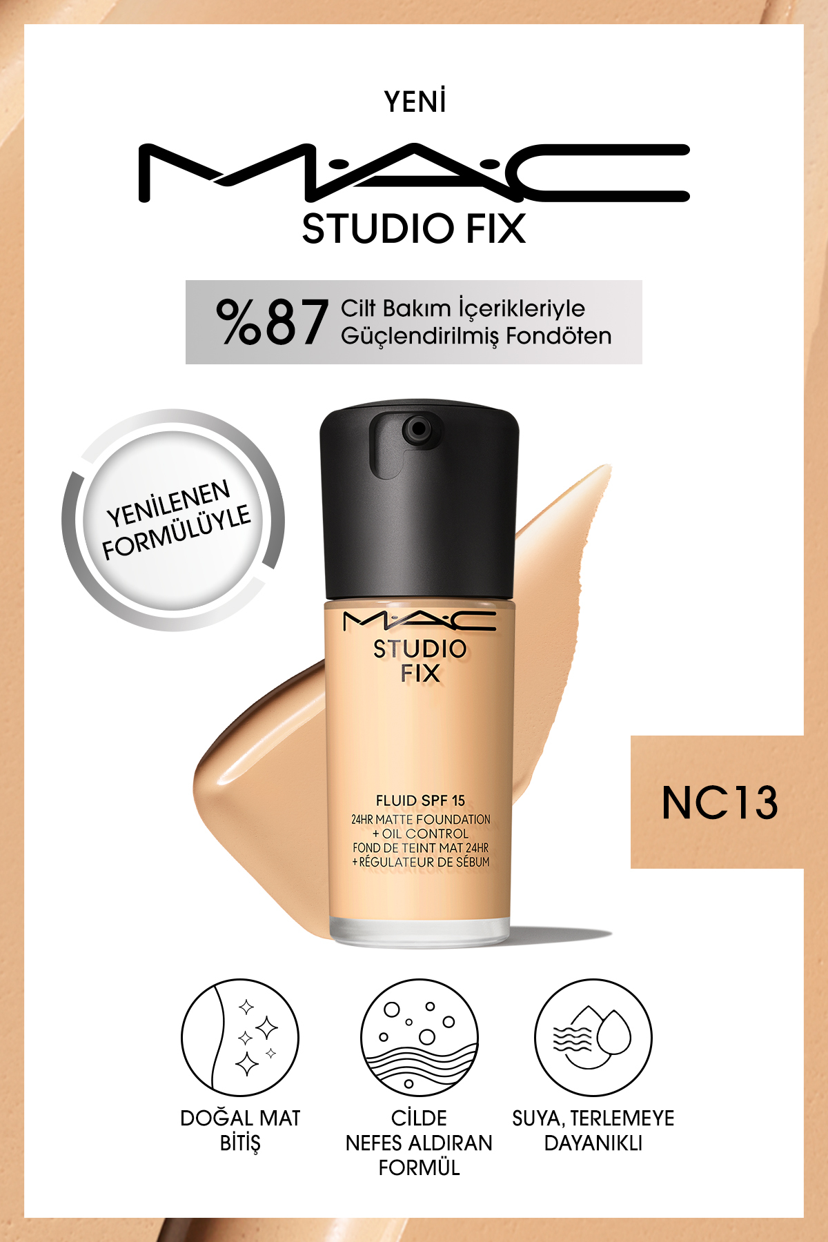کرم پودر بنیاد دائمی مت تا 24 ساعت استودیو رفع سیال SPF15 رنگ: NC13 30ML Mac