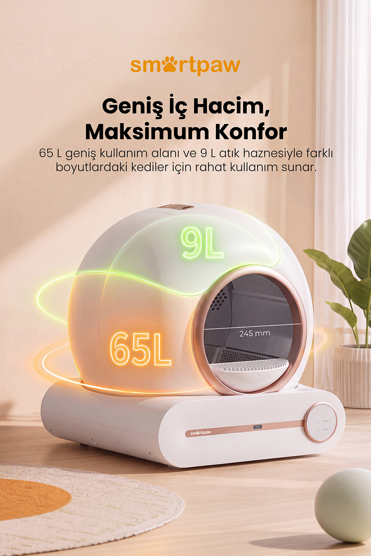 ظرف خاک گربه هوشمند و خودکار اسمارت‌پا SMARTPAW Nova Cat PRO، مدل MSP-0111، صورتی 65L