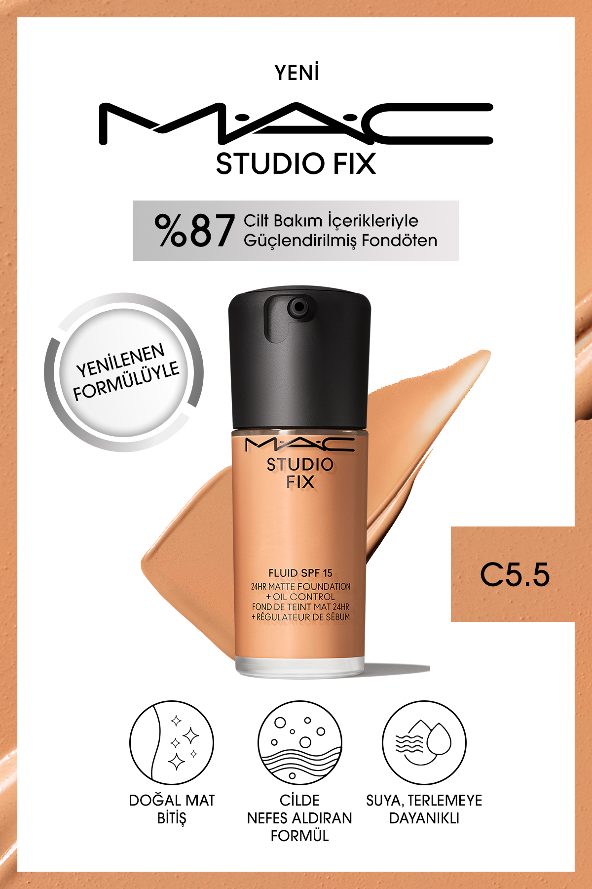کرم پودر بنیاد دائمی مت تا 24 ساعت استودیو رفع سیال SPF15 رنگ: C5.5 30ML Mac
