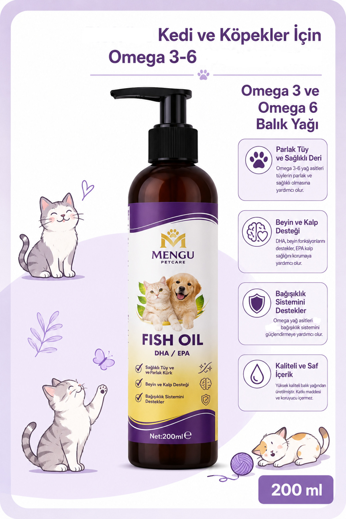 ست پشتیبان ریزش موی گربه منگو پت‌کر Mengu Petcare، روغن ماهی، خمیر مالت و قطره B Complex