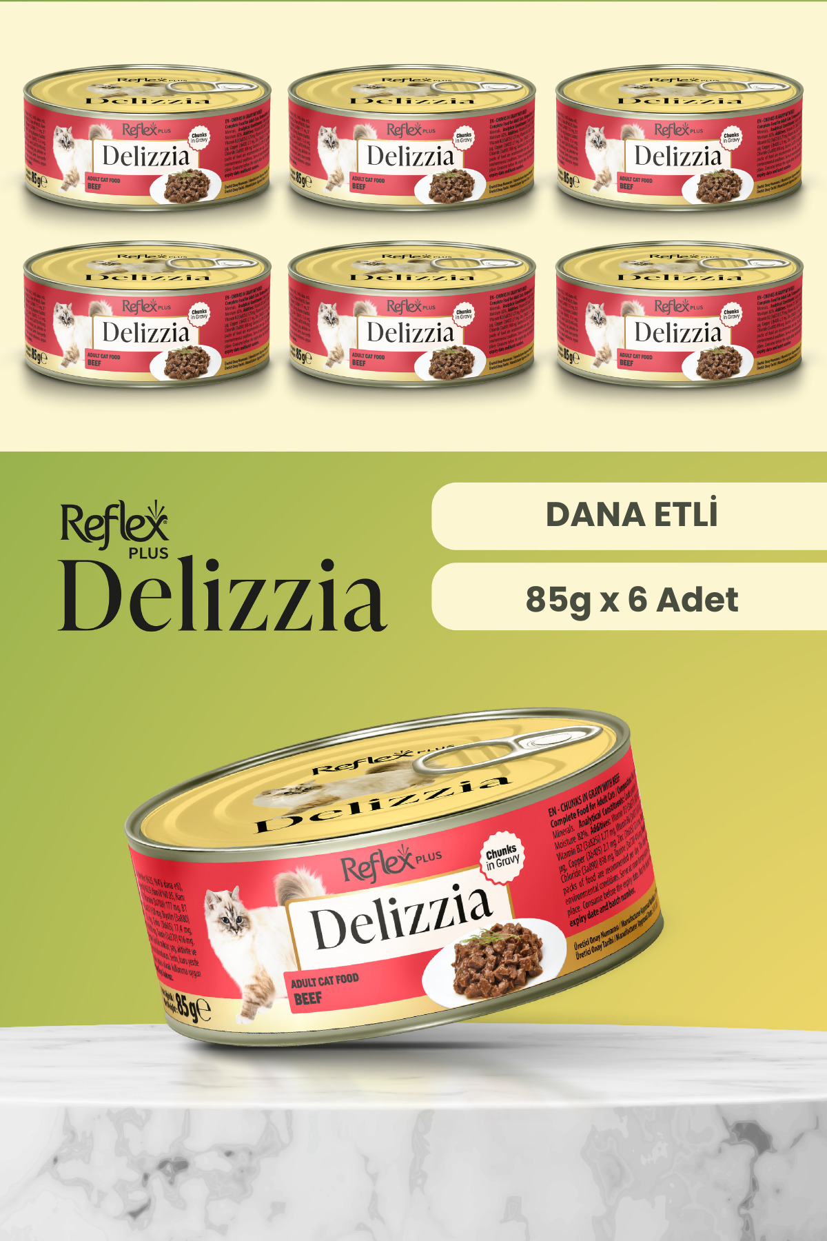 غذای گربه بالغ رفلکس Reflex Plus Delizzia، تکه‌های گوشت گاو در سس، ۸۵ گرم × ۶