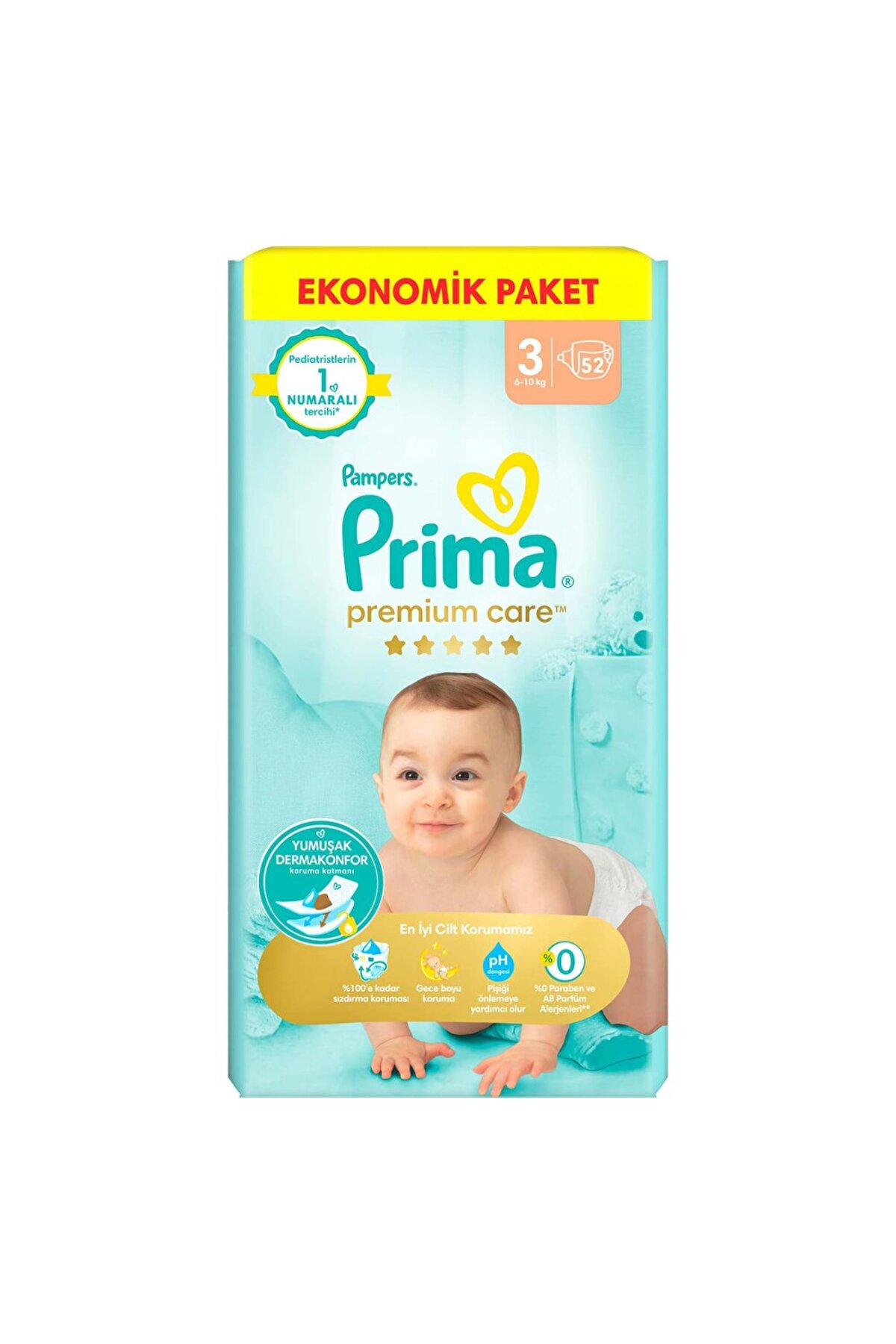 پوشک بچه کودک پرمیوم کر 3 سایز میدی بسته بندی اقتصادی 6 10 کیلوگرم 52 عدد اورجینال Prima