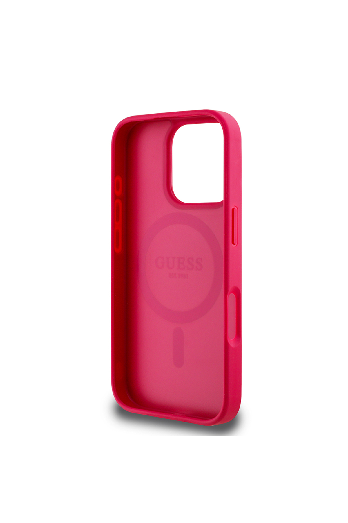 کاور و قاب IPHONE 16 PRO MAX CASE GUESS COMPATIBLE MAGSAFE CHARGING ویژه طرح گل متن لوگو جلد فوشیا اورجینال Guess