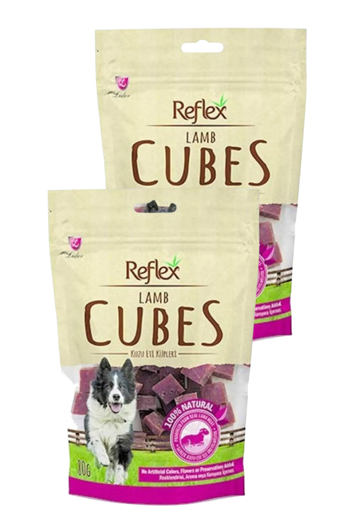 تشویقی سگ رفلکس Reflex Cubes مکعبی با طعم بره، بسته دوتایی ۸۰ گرم