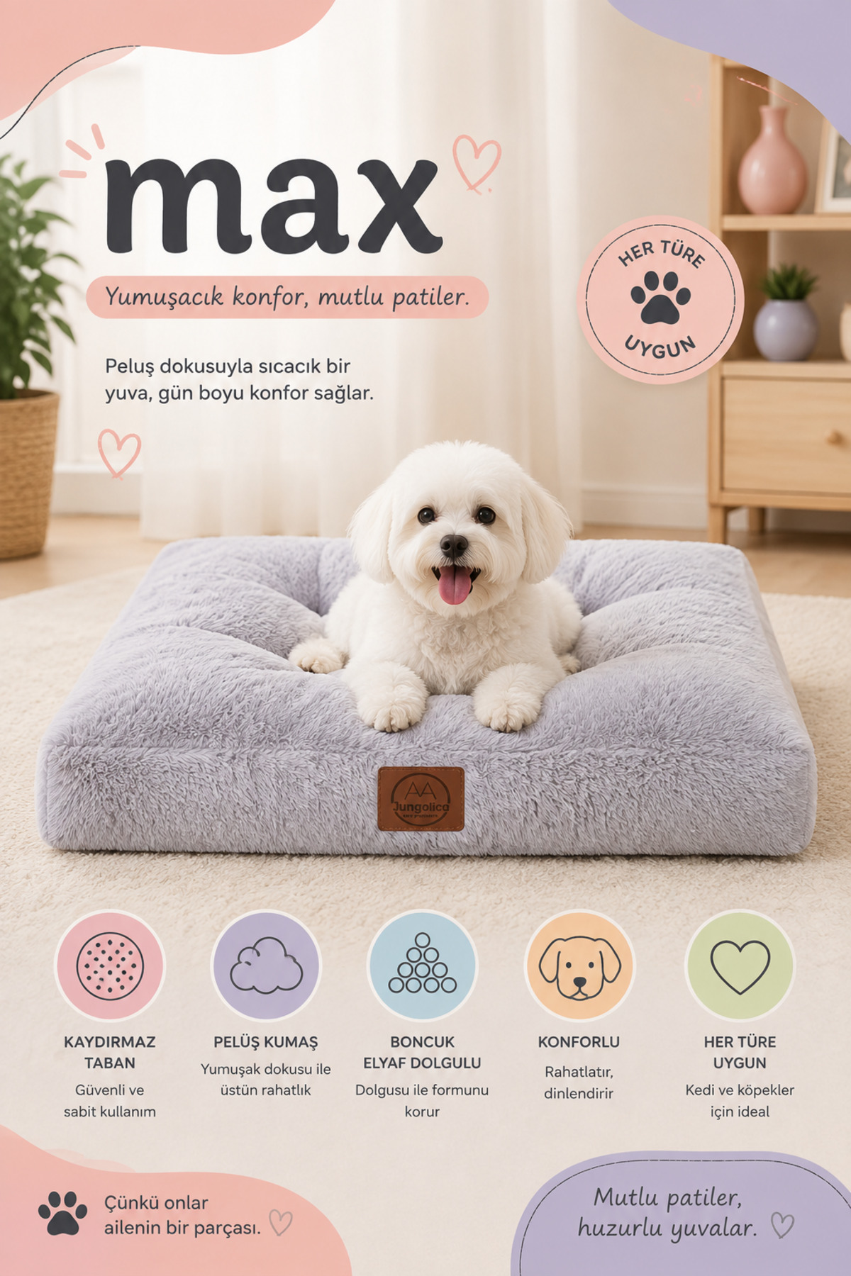 تخت گربه و سگ جونگولیکا پت پروداکتس Jungolica Pet Products مدل JPP43، کف ضدلغزش و بافت فوق‌العاده نرم خاکستری