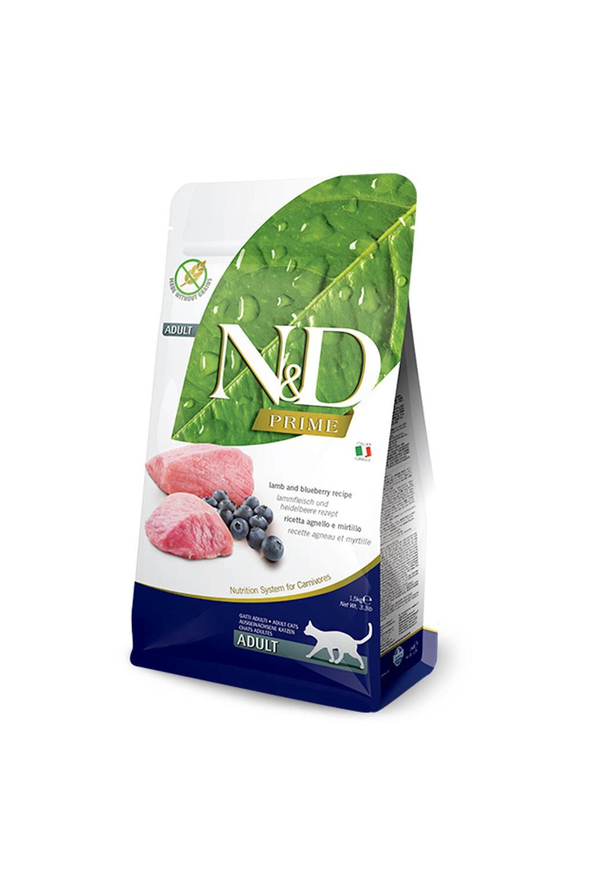 غذای خشک گربه بالغ ان‌دی N&D Prime، بدون غلات با طعم بره و بلوبری، ۵ کیلوگرم