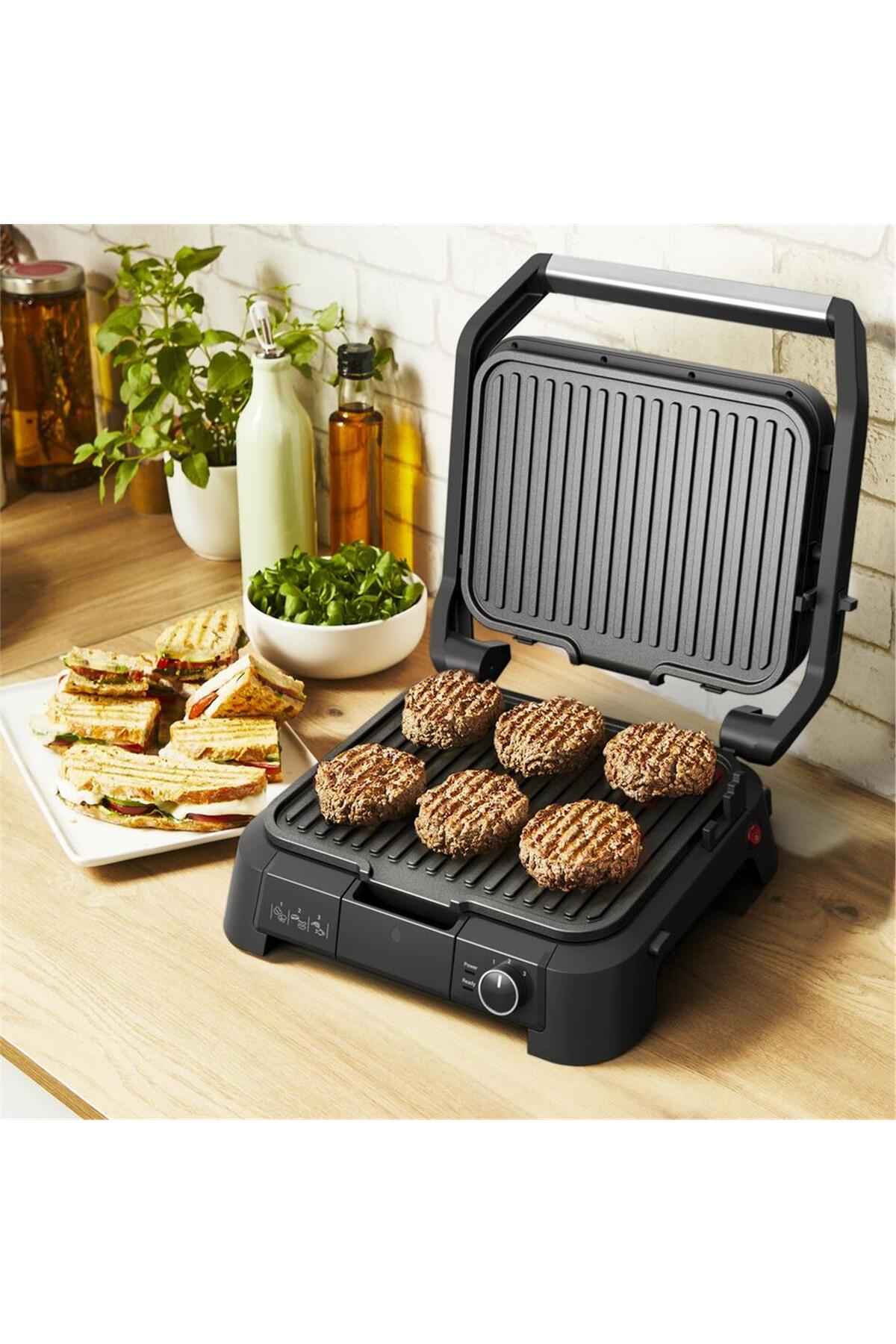 دستگاه ساندویچ و تست کباب پز توستر SUPERGRILL 3IN1 6 SLICE ظرفیت 2000 وات INOX اورجینال TEFAL