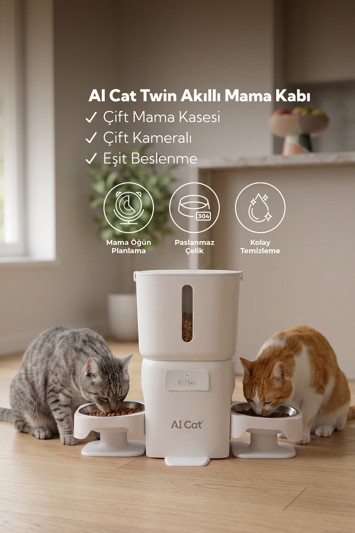 غذادهنده خودکار دوکاسه‌ای ای‌آی کت AI Cat، مدل TWİN، با دوربین دوگانه و تعامل صوتی