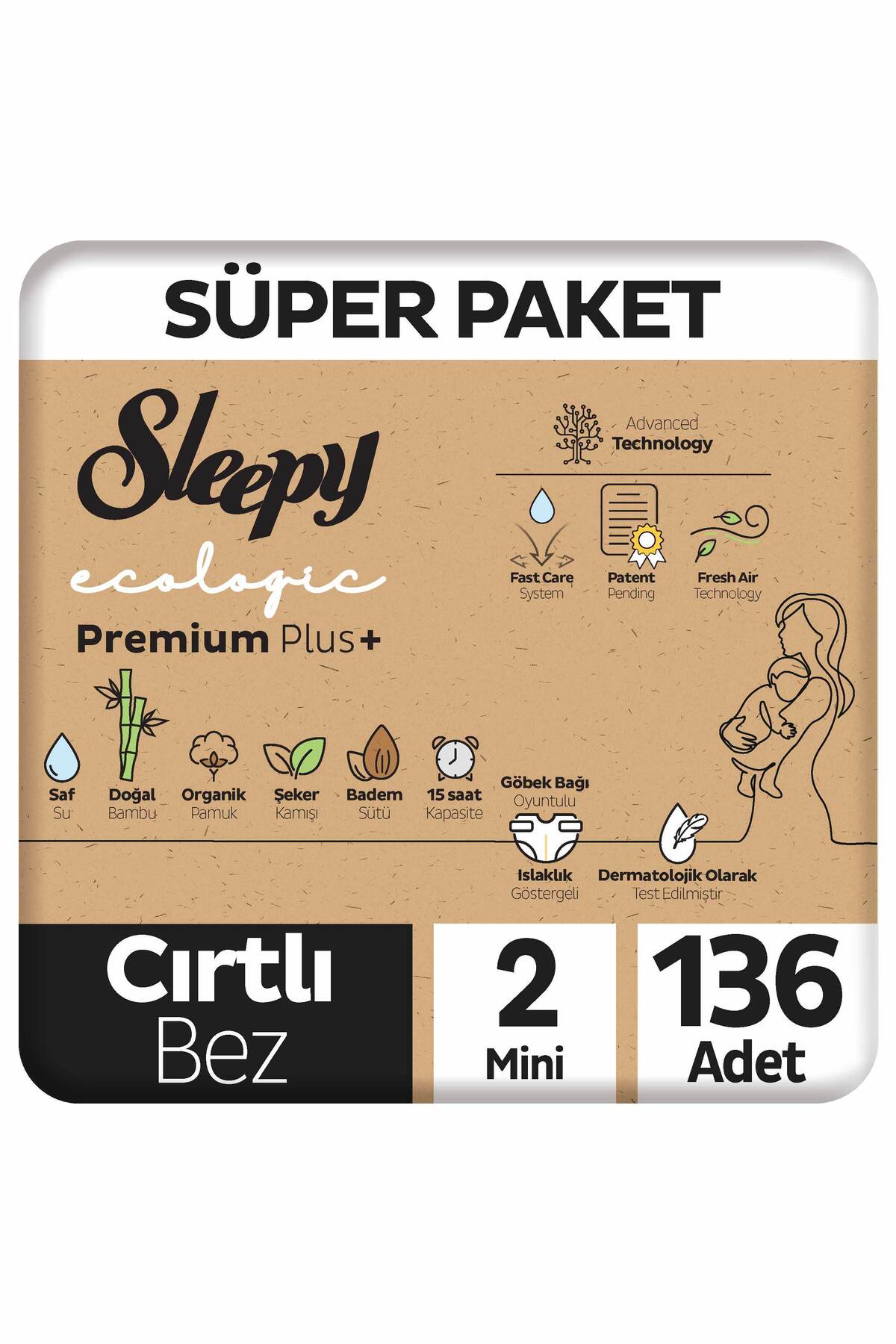 پوشک بچه ECOLOGIC PREMIUM PLUS SUPER PACKAGE شماره 2 مینی 136 عددی اورجینال Sleepy