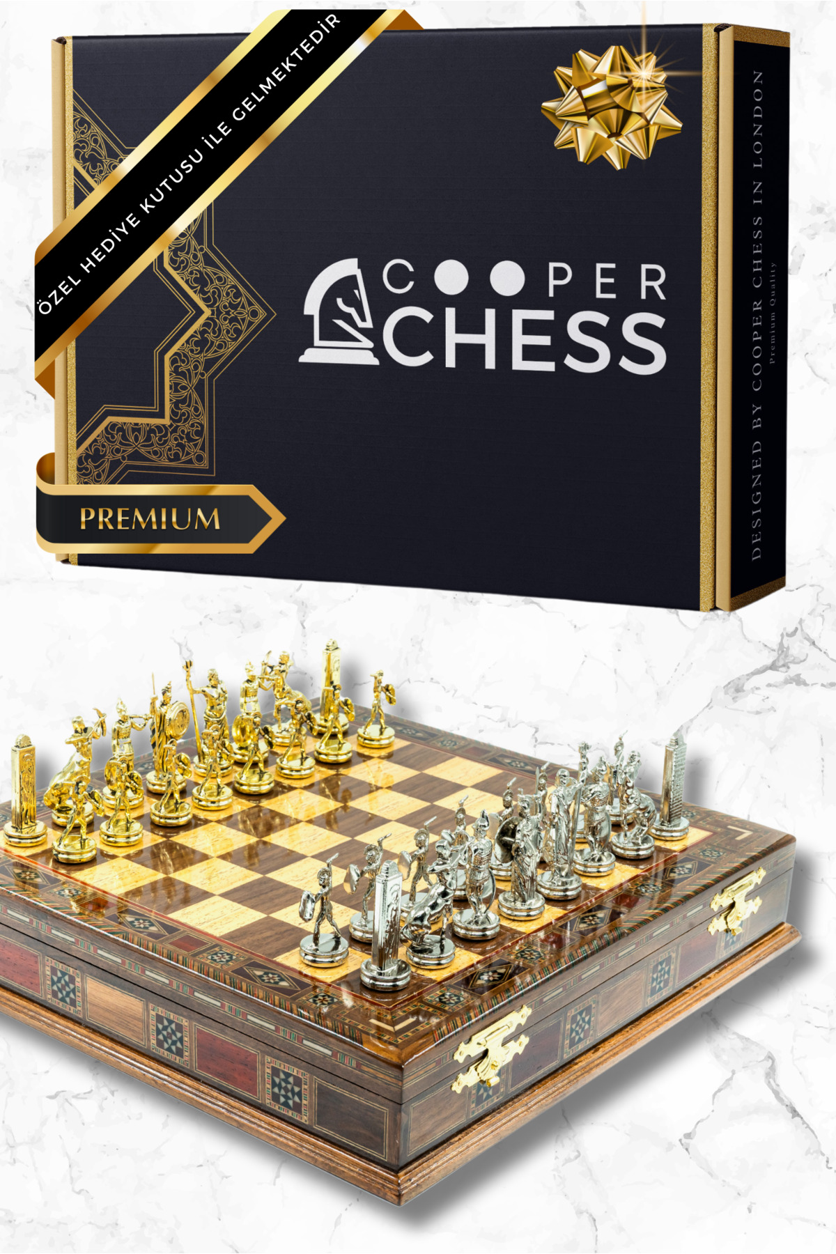 شطرنج ست فلزی چوب جامد 36 سانتی متری با جعبه گردو اسطوره یونان باستان پوزئیدون Cooper Chess
