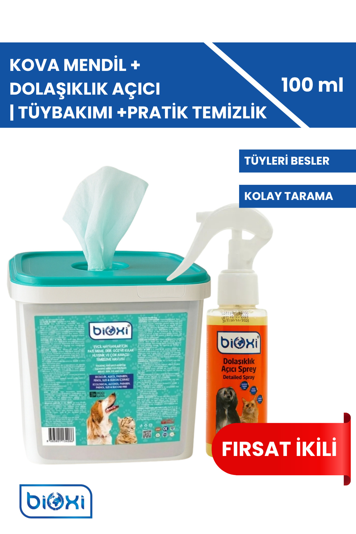 بسته دستمال سطلی بهداشتی مو و پنجه و اسپری گره‌گشای مو بیوکسی Bioxi، ۲ قلمی 100ml