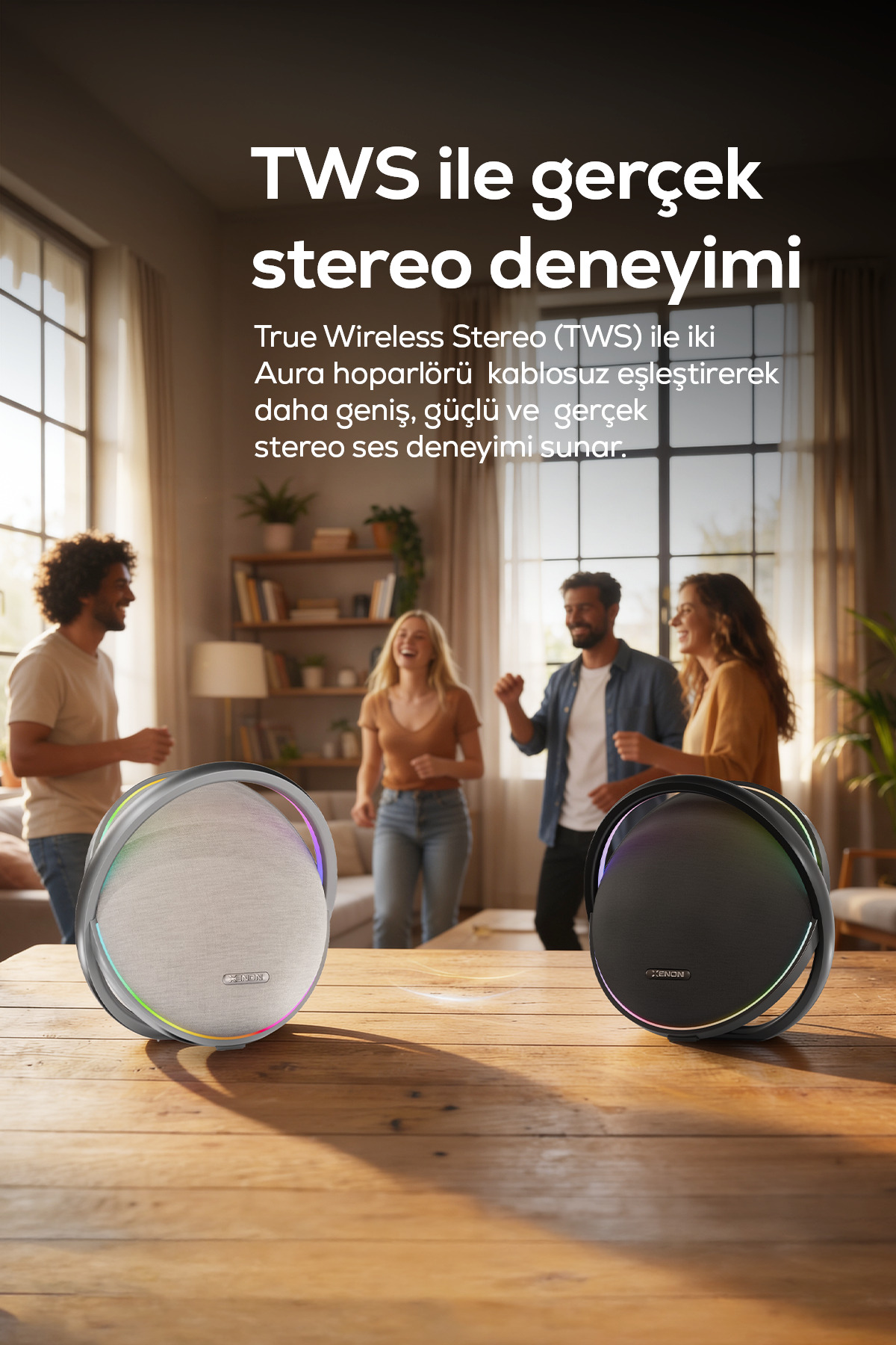 اسپیکر بلوتوثی زنون اسمارت Xenon Smart Aura، ۸۰ وات RMS، باتری ۱۲۰۰۰ میلی‌آمپرساعت، چراغ‌دار، TWS، IPX4، مدل X6710، خاکستری unisex