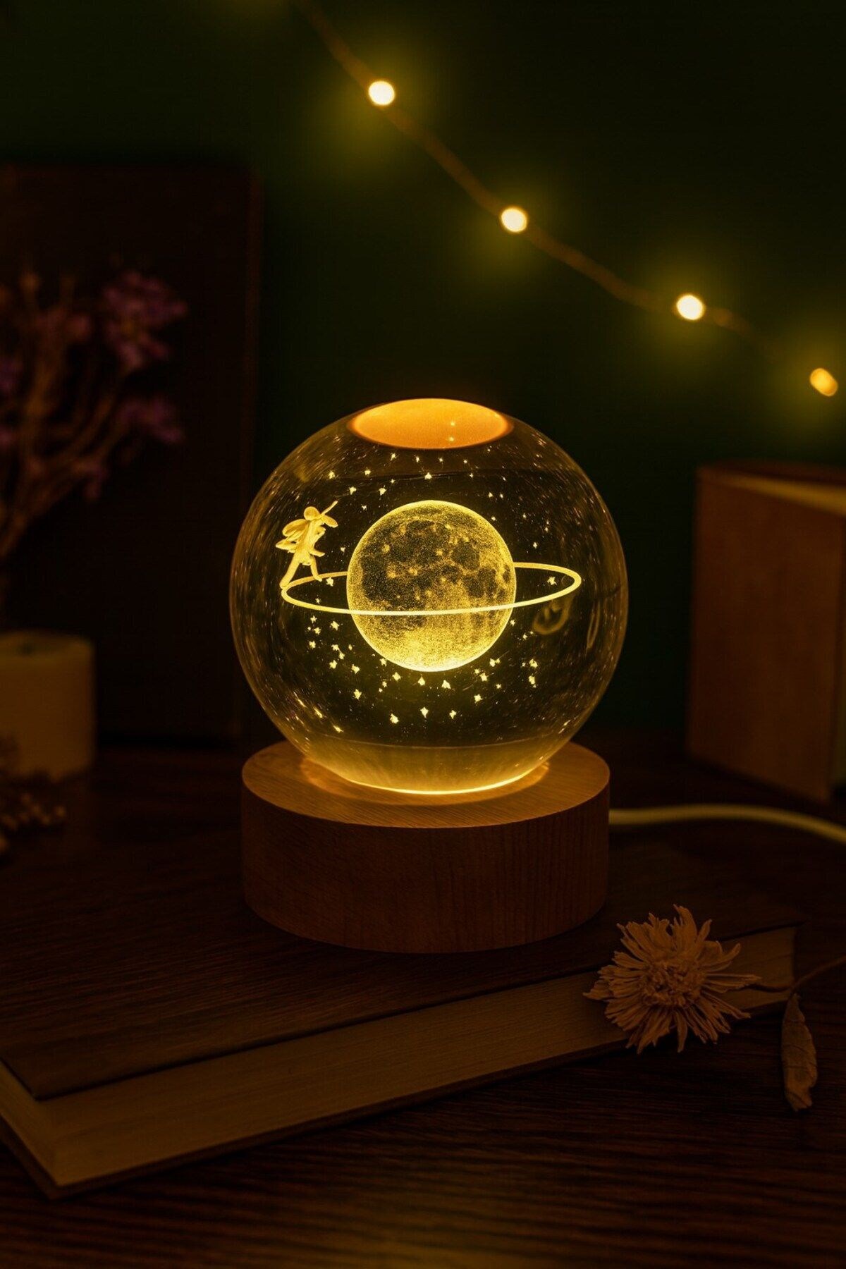 گوی برفی چراغ شب اتاق سه بعدی با طرح توپ کریستالی موضوع SATURN GIRL GLOBE LED USB و پایه چوبی از ترکیه Kesene