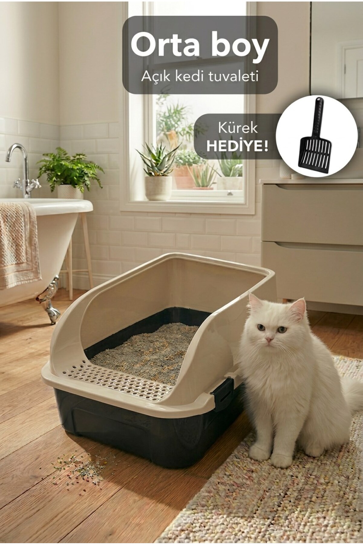 ظرف خاک گربه کورت‌بای شکل Kurtbay Şekil Comfort، لبه‌بلند، ۵۲×۳۷×۲۳ سانتی‌متر، بژ، همراه بیلچه، مدل VN11100 unisex