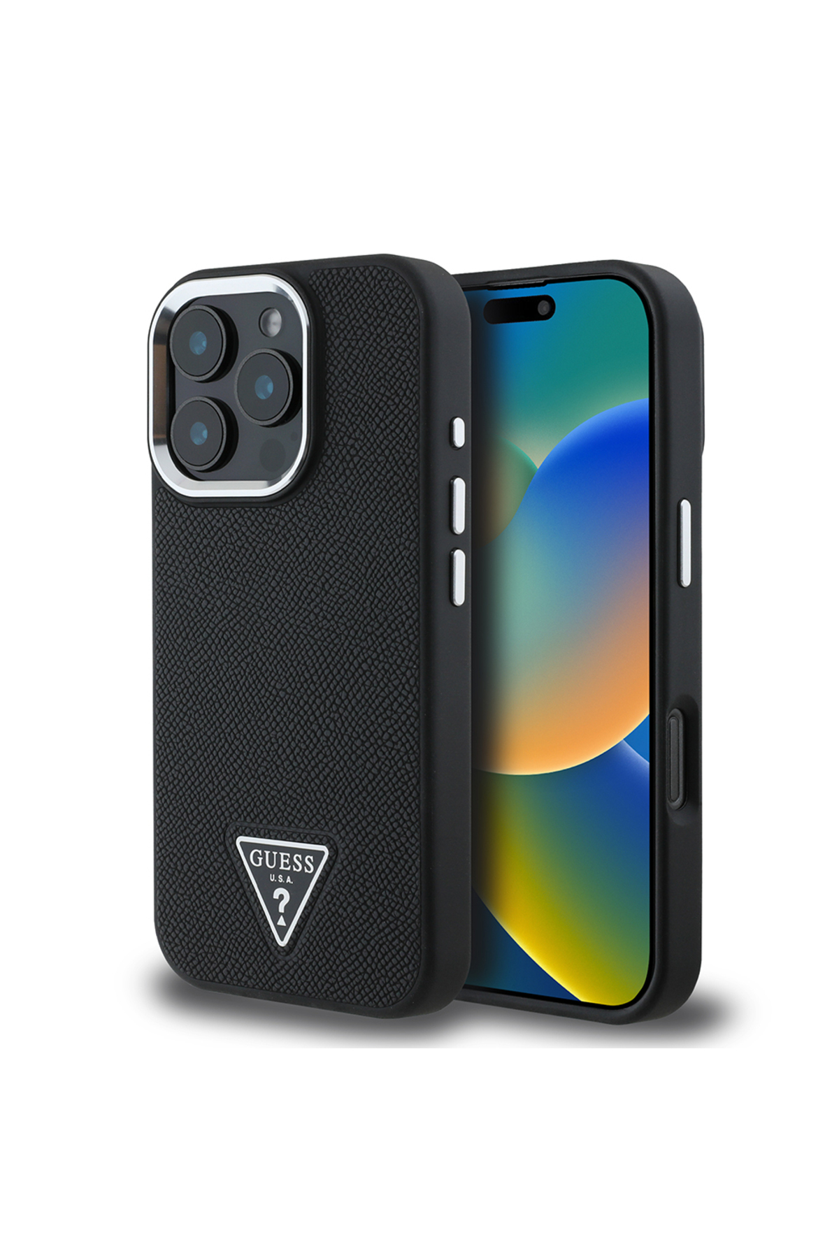 کاور و قاب 16 PRO MAX سازگار با CASE GUESS LICENSED MAGSAFE GRAINED COVER TRIANGLE WITH CHARGING مشکی اورجینال Guess