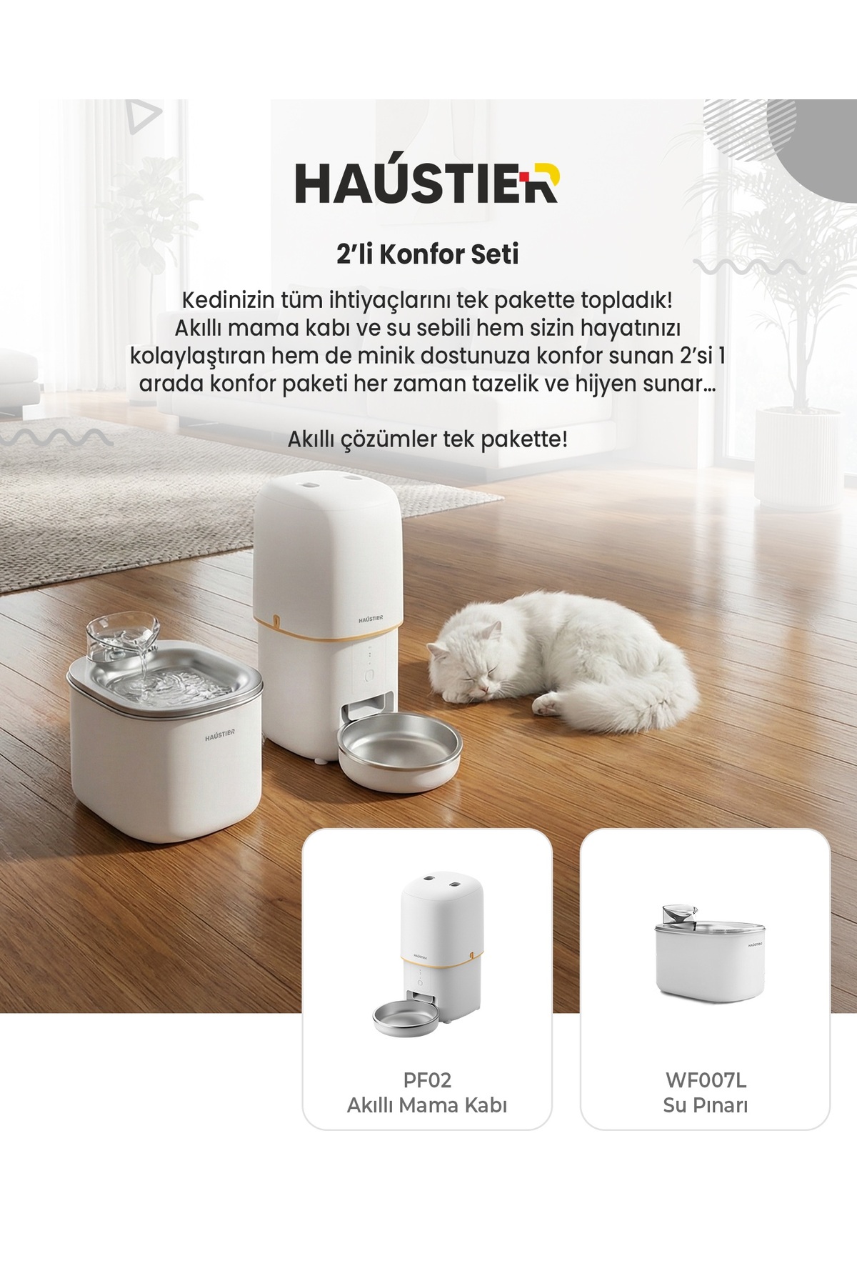 ست ظرف غذای هوشمند و آب‌نمای خودکار گربه هاوستیر Haustier، مدل HST-SET11، سفید 007L