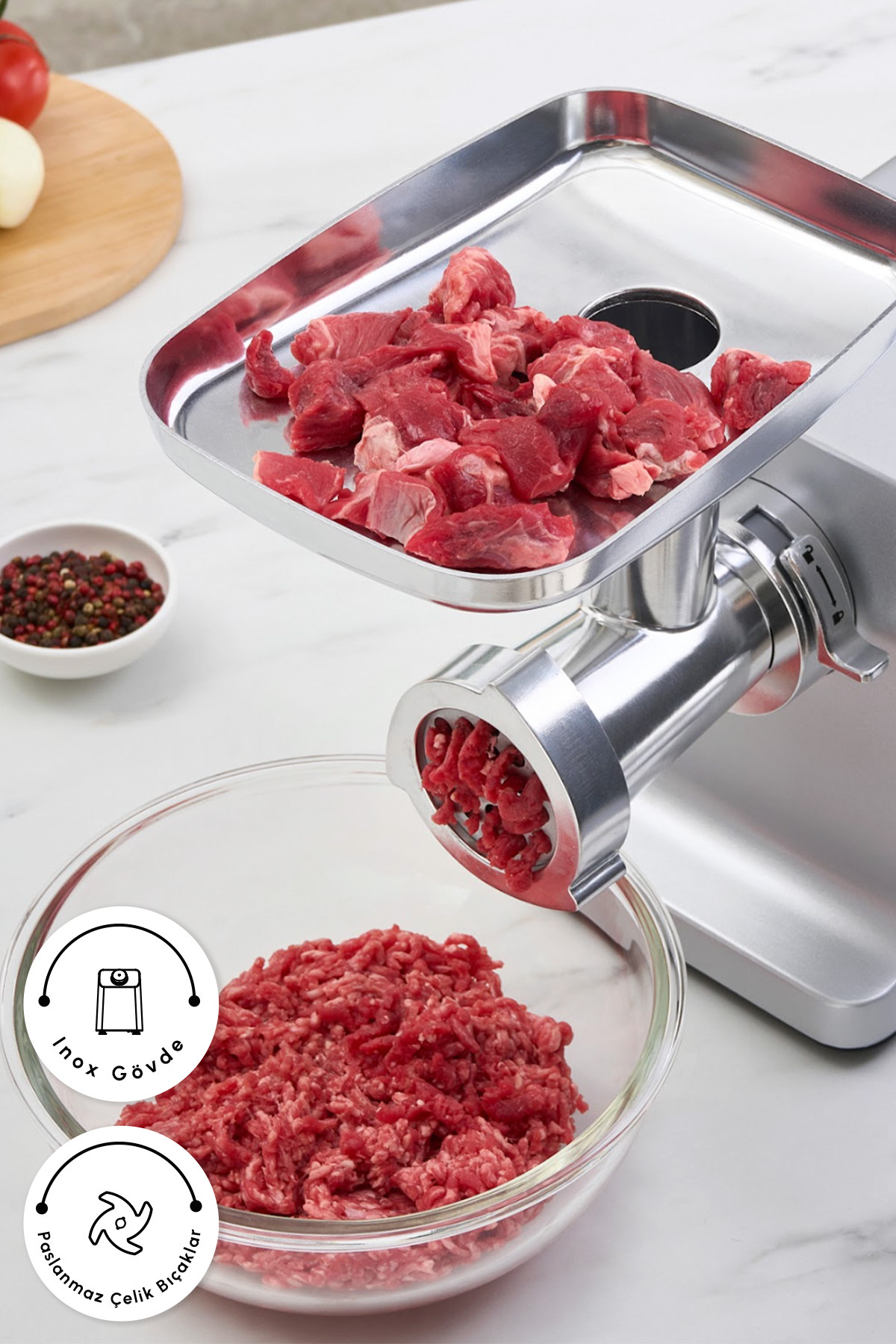 چرخ گوشت رب گوجه فرنگی و ساکوک با چسب سوسیس INOX اورجینال Karaca