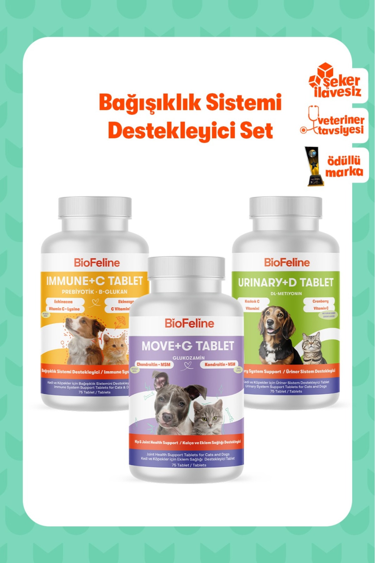 مجموعه قرص گربه و سگ بایوفلین BioFeline؛ گلوکزامین، ادراری، Immune C و MSM
