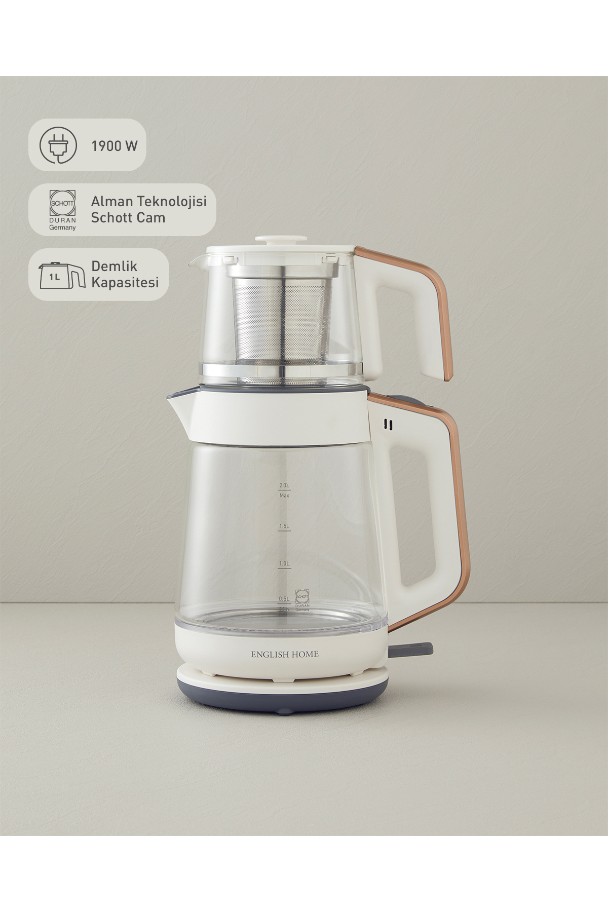 چای ساز دستگاه خوری شیشه ای و کتری سفید مسی CMK 6001 اورجینال English Home