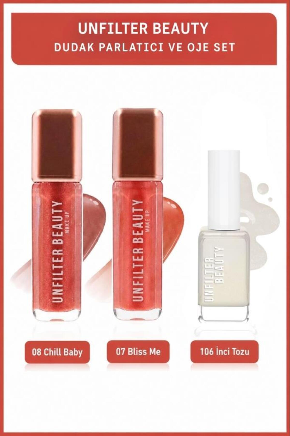 مجموعه دو برق لب و لاک آنفیلتر بیوتی Unfilter Beauty؛ 08 Chill Baby، 07 Bliss Me و 106 پودر مروارید