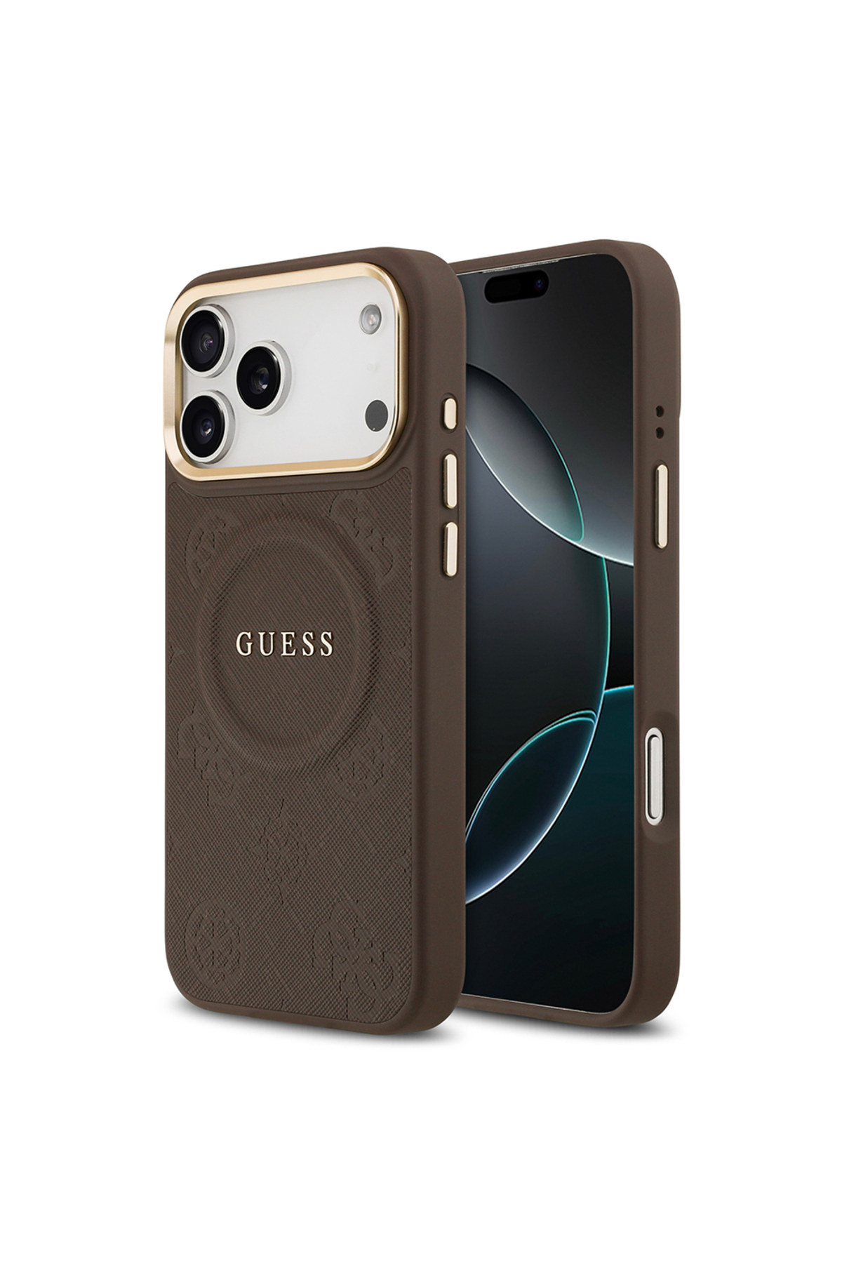 کاور و قاب سازگار با IPHONE 17 PRO MAX دارای مجوز M SAFE لوگوی متن چاپی داغ PU چرم گل صد تومانی قهوه ای اورجینال Guess
