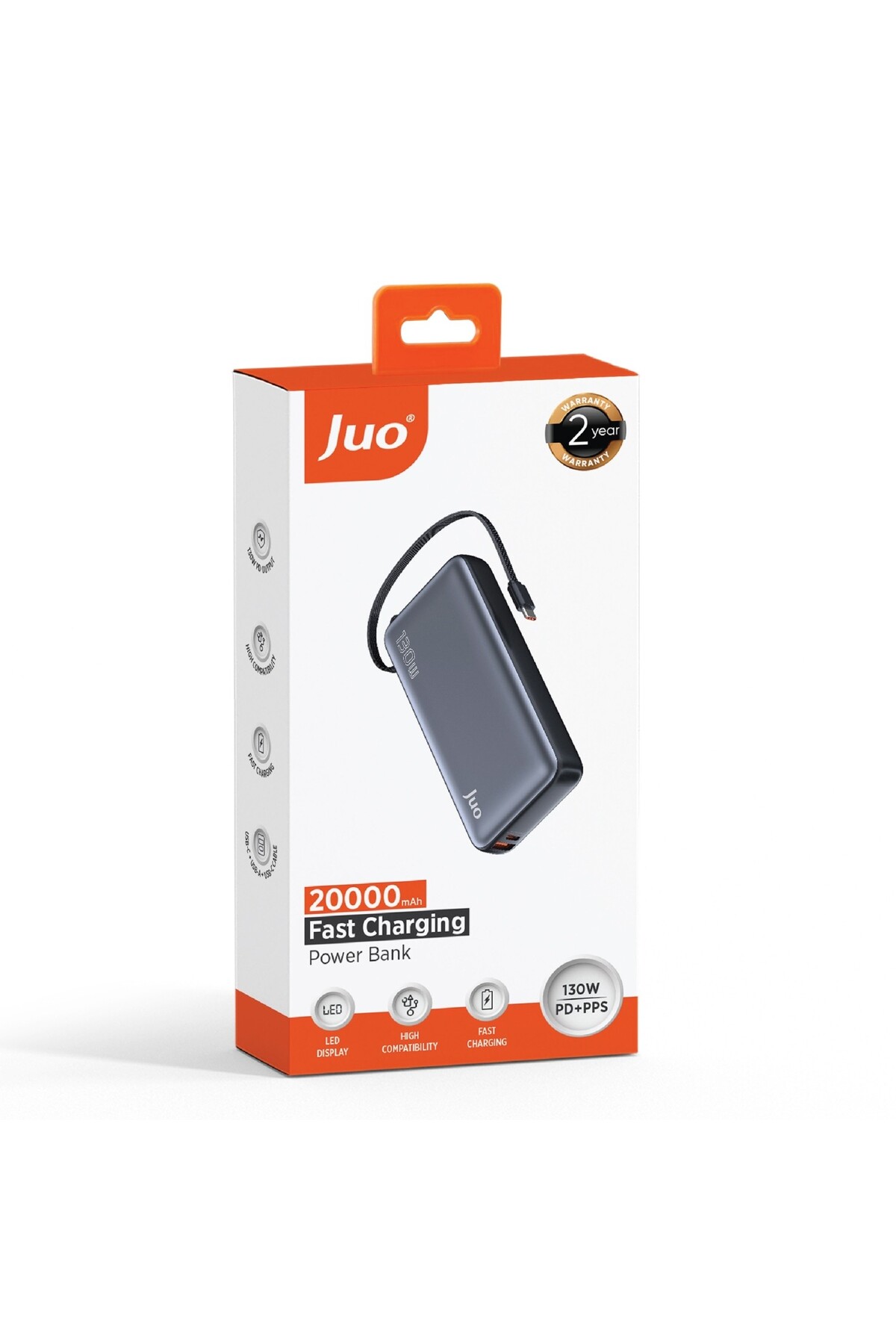 پاوربانک شارژر سریع قابل حمل 20000 ماهه 130W صفحه نمایش LED USB A کابل نوع سی اورجینال Juo