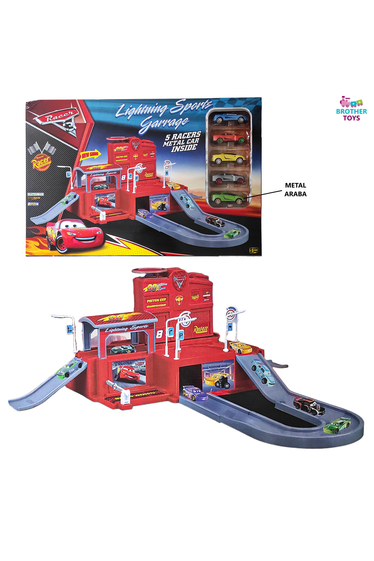 ماشین اسباب بازی سایز بزرگ لایتنینگ مک کوئین پارکینگ ست 5 تکه فلزی 50 سانتی متر. Brother Toys