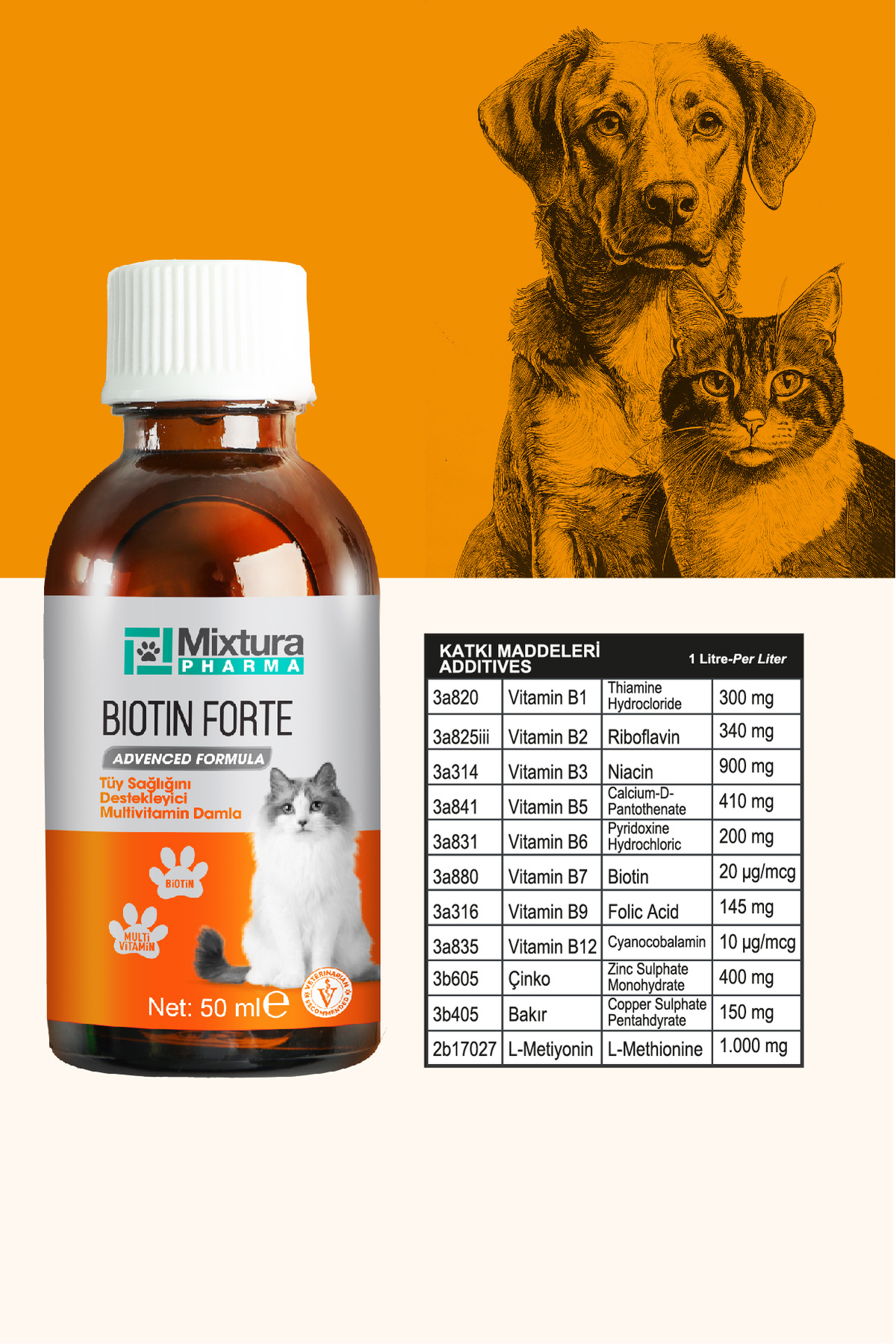 قطره مولتی‌ویتامین سلامت موی سگ و گربه Biotin Forte میکستورا فارما Mixtura Pharma، مدل MT3000