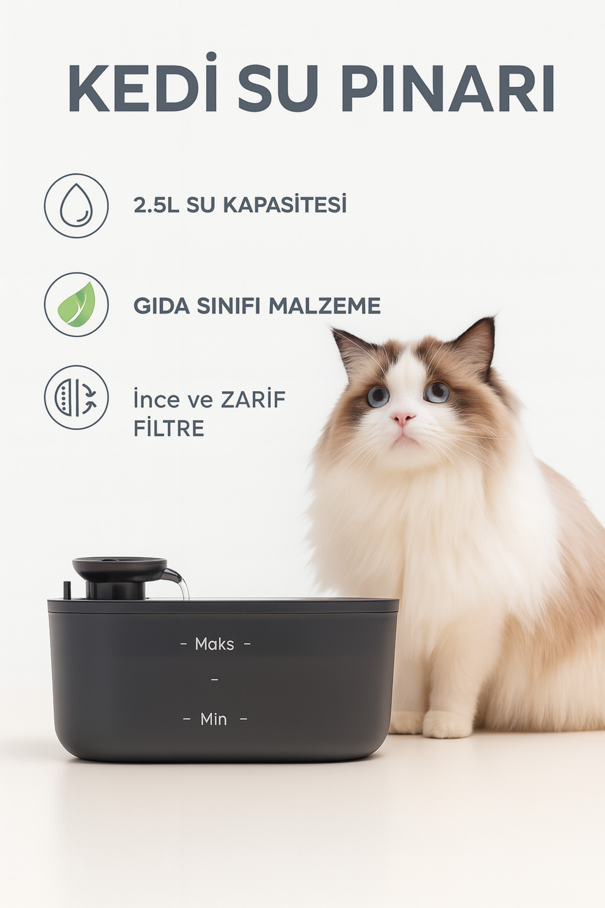 آبخوری فواره‌ای گربه تکنومن TECHNOMEN، ۲٫۵ لیتر، استیل ضدزنگ، پمپ کم‌صدا و فیلتر‌دار 2.5L