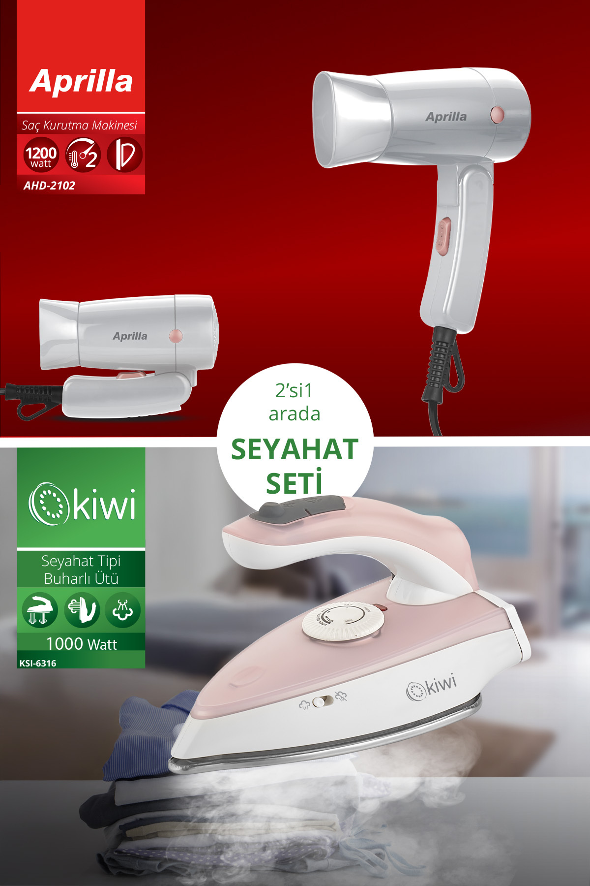 اتو بخار KATS 12 ست مسافرتی تاشو 2 در 1 شامل و سشوار اورجینال Kiwi