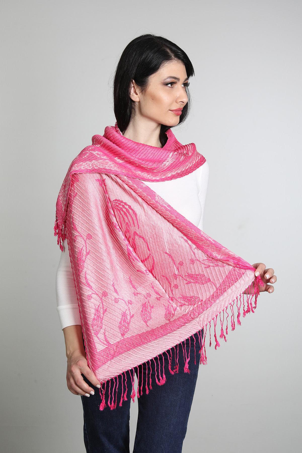 شال نخی زنانه میستیک Mystic، صورتی و بژ، مدل MS-342
