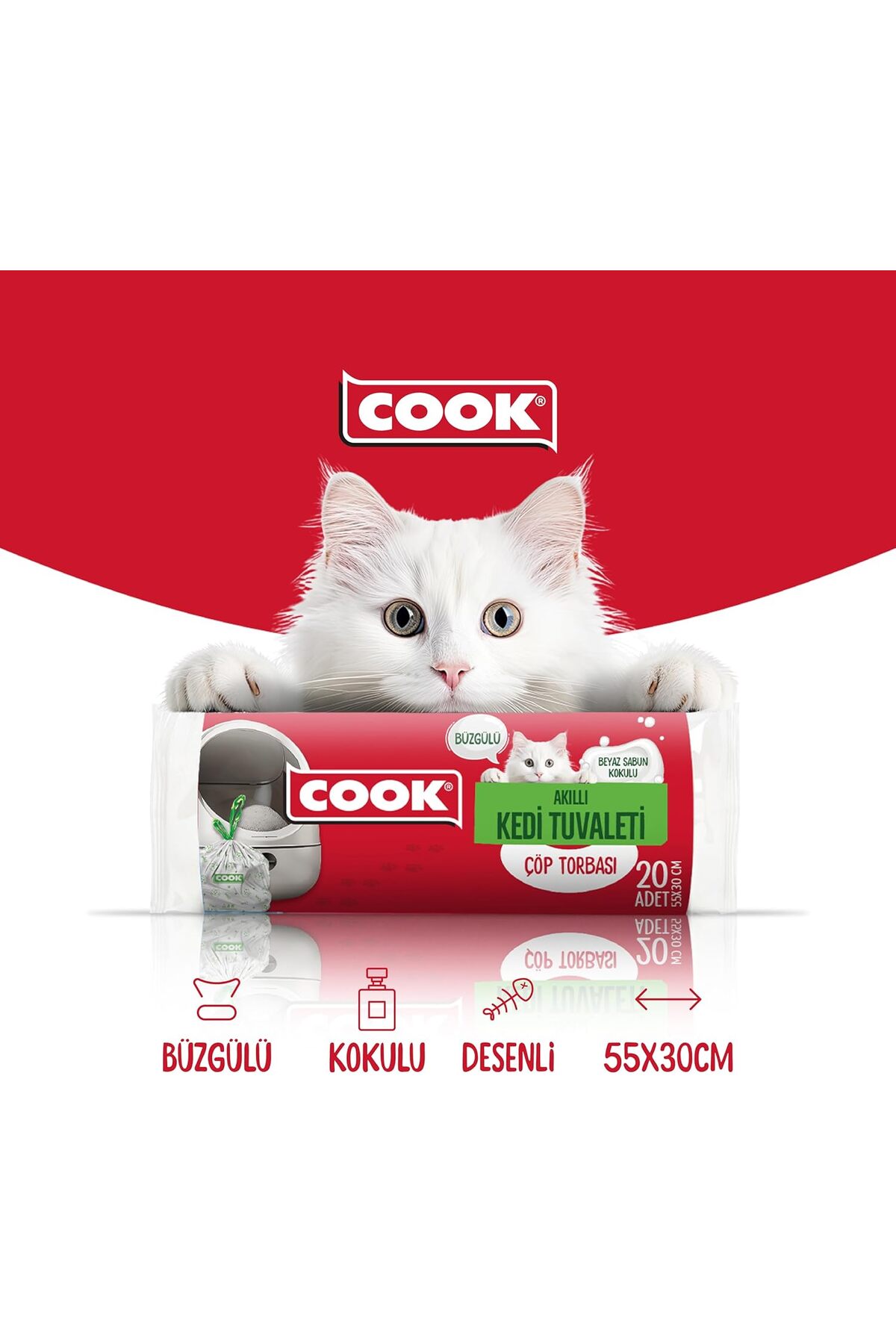 کیسه زباله بنددار مخصوص خاک گربه کوک COOK، ۵۵×۳۰ سانتی‌متر، ۲۰ برگ، با رایحه صابون، سفید