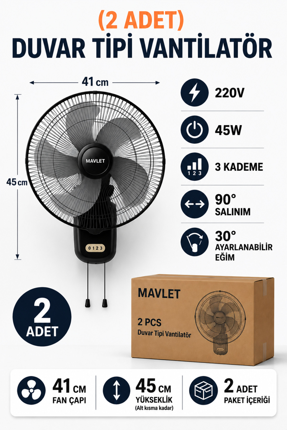 پنکه دیواری ماولت MAVLET، بسته ۲ عددی، سه‌سرعته و کم‌صدا، مدل TD04002-2fan مشکی