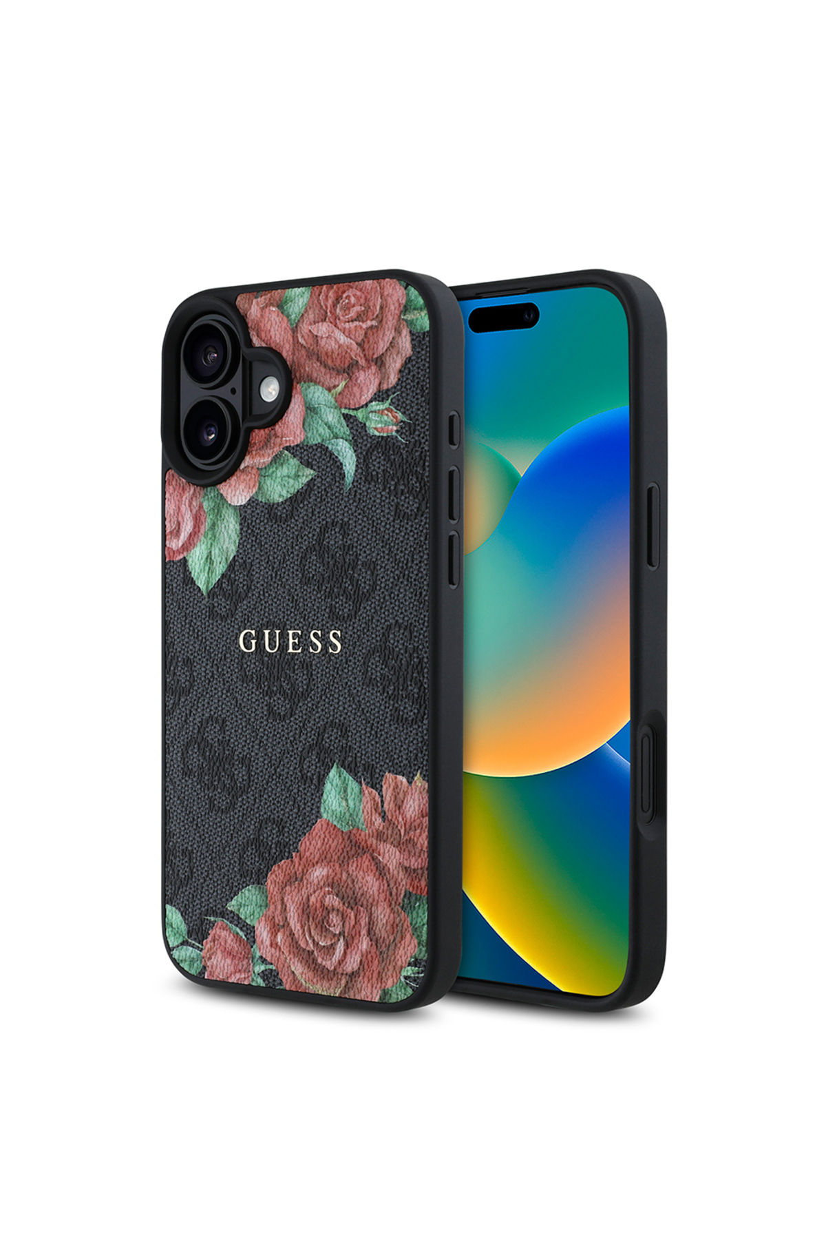 کاور و قاب 16 CASE GUESS دارای مجوز شارژ MAGSAFE جلد لوگوی متنی با طرح رز دار 4G مشکی اورجینال Guess