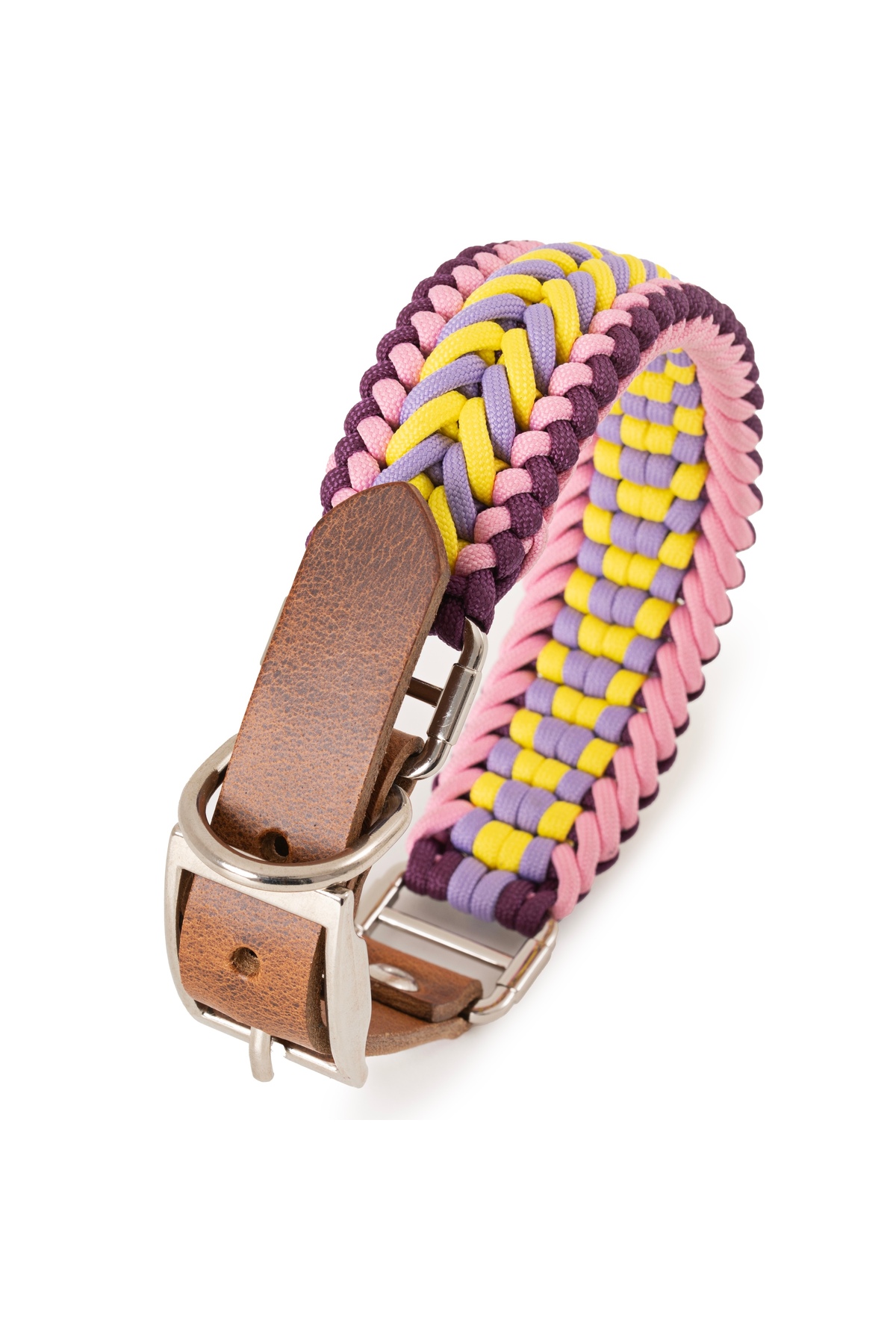 بند قلاده سگ بافت دست‌ساز پاراکورد و چرم، قابل تنظیم با سگک فلزی، بکانی لدر Bakani Leather زرد