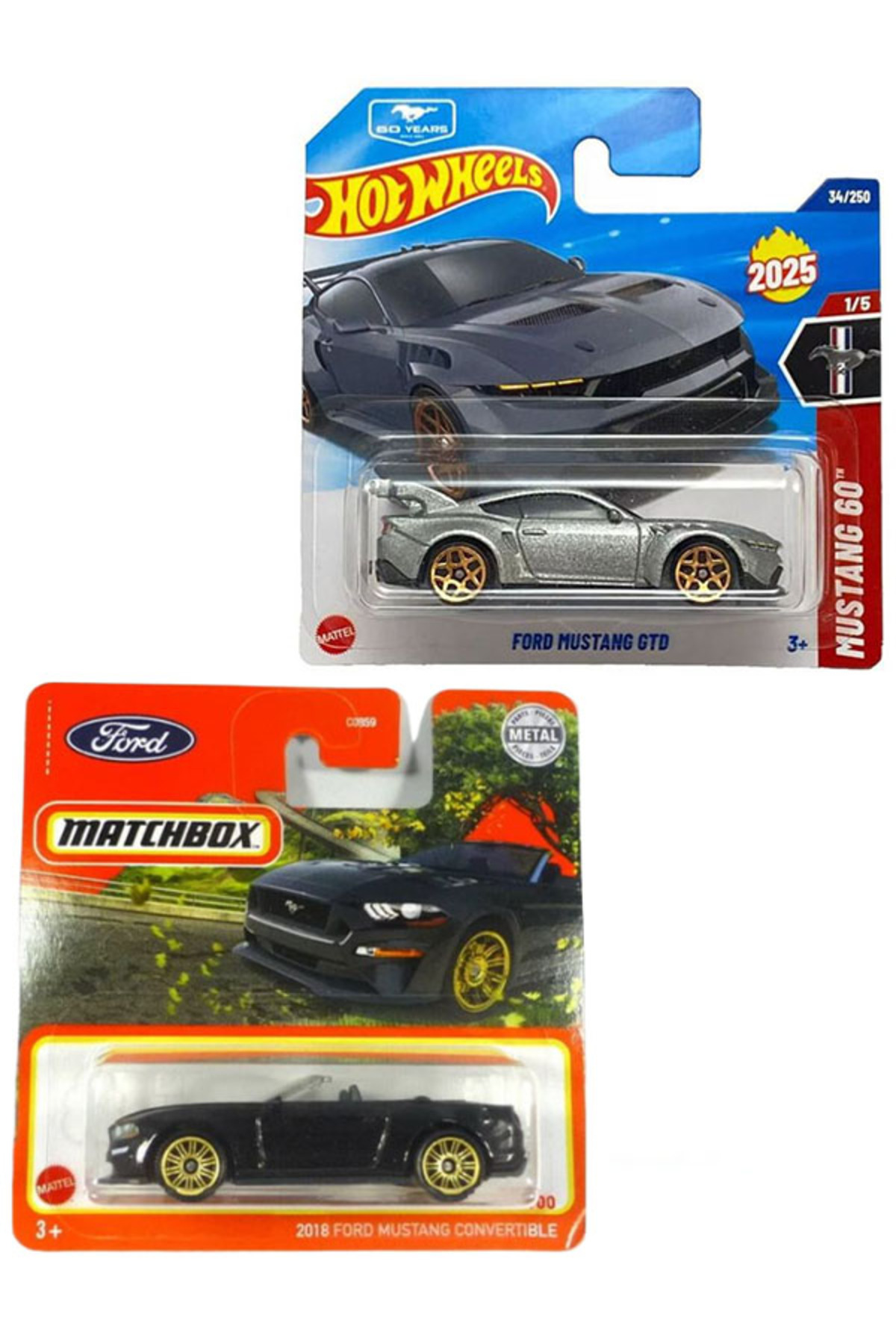 ماشین اسباب بازی 2 خودرو جعبه کبریت 2018 فورد موستانگ کانورتیبل مشکی و GTD خاکستری از ترکیه HOT WHEELS