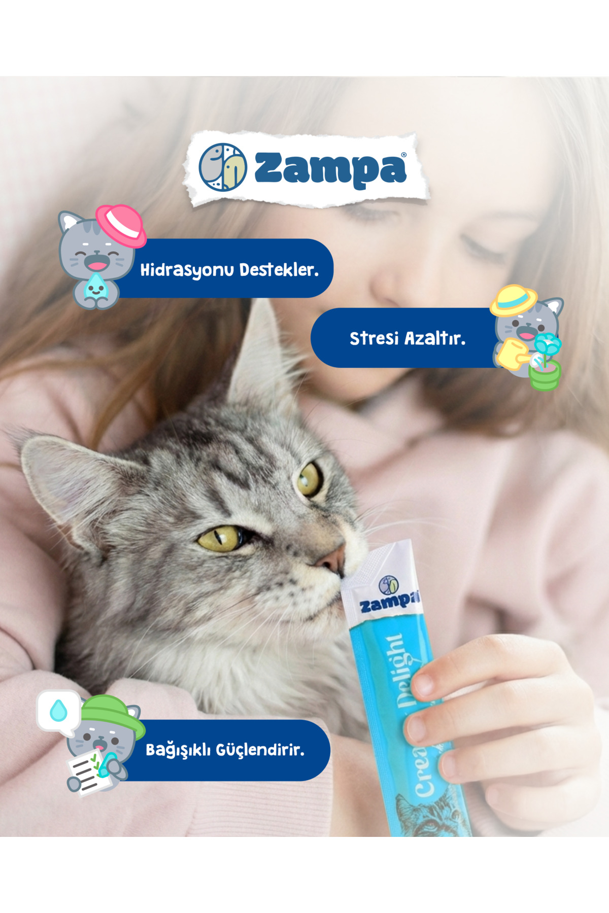 تشویقی کرمی گربه زامپا Zampa Creamy Delight با طعم مرغ و ماهی کاد، ۱۶ گرم × ۵