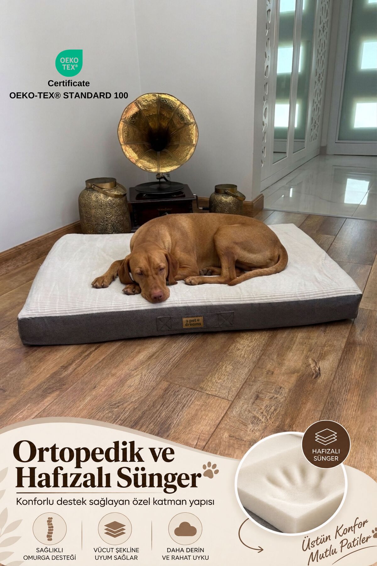 جای خواب ضدآب گربه و سگ پت دریمز Pet Dreams مدل Prego، با پارچه پولیشی جداشونده، کرم و خاکستری