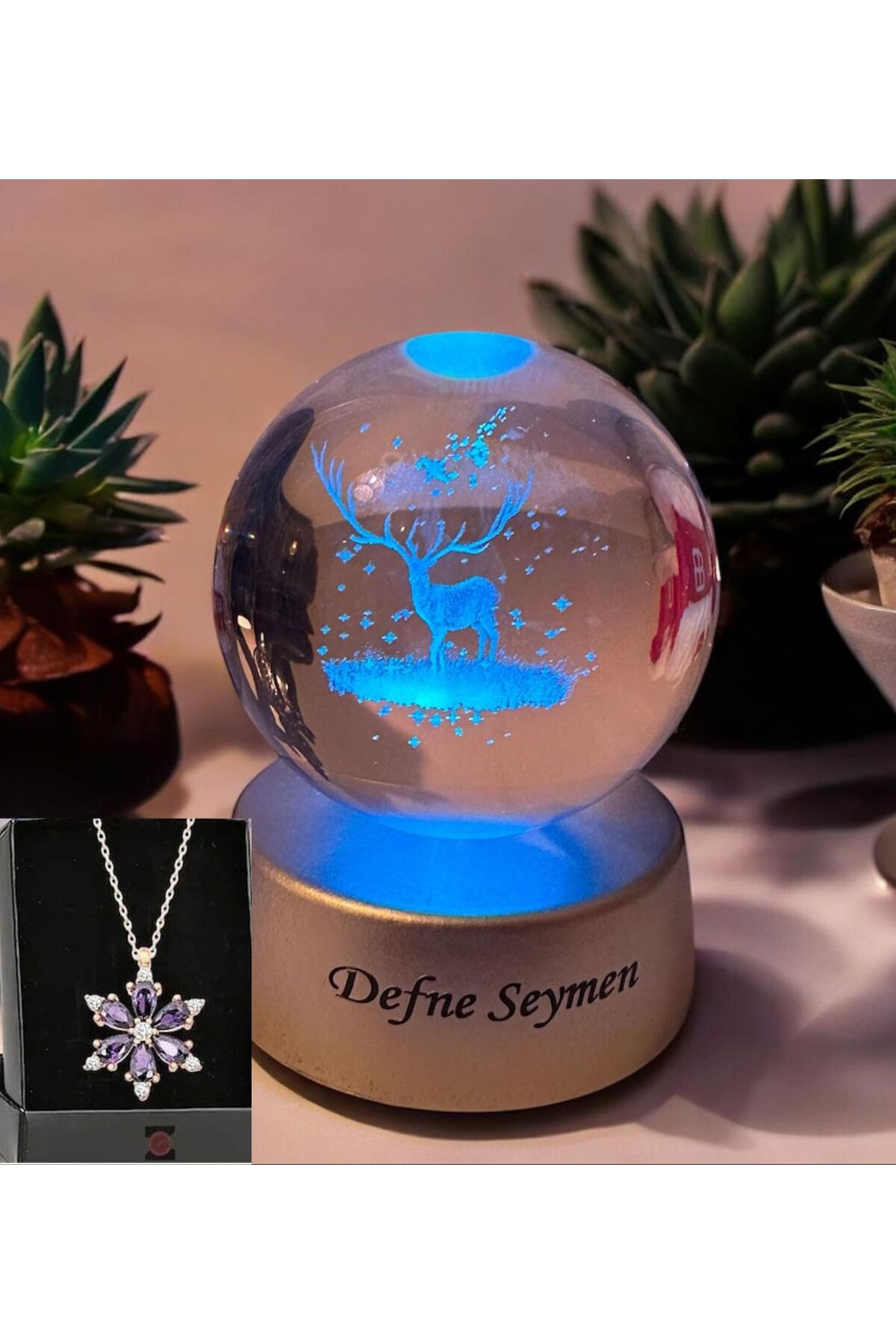 گوی برفی گردنبند توپ گوزن شیشه ای رنگارنگ LED نام سفارشی و گزینه هدیه از ترکیه HALL BREATHE