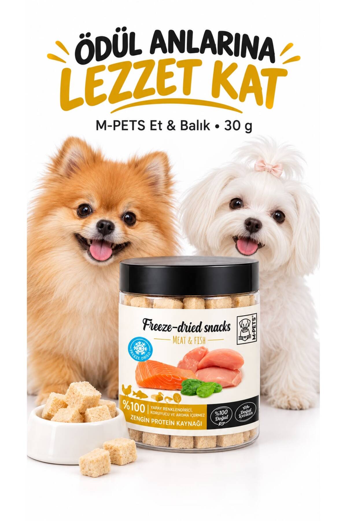 تشویقی سگ ام‌پتس M-PETS، مکعب‌های گوشت و ماهی خشک‌شده به روش انجمادی، ۳۰ گرم