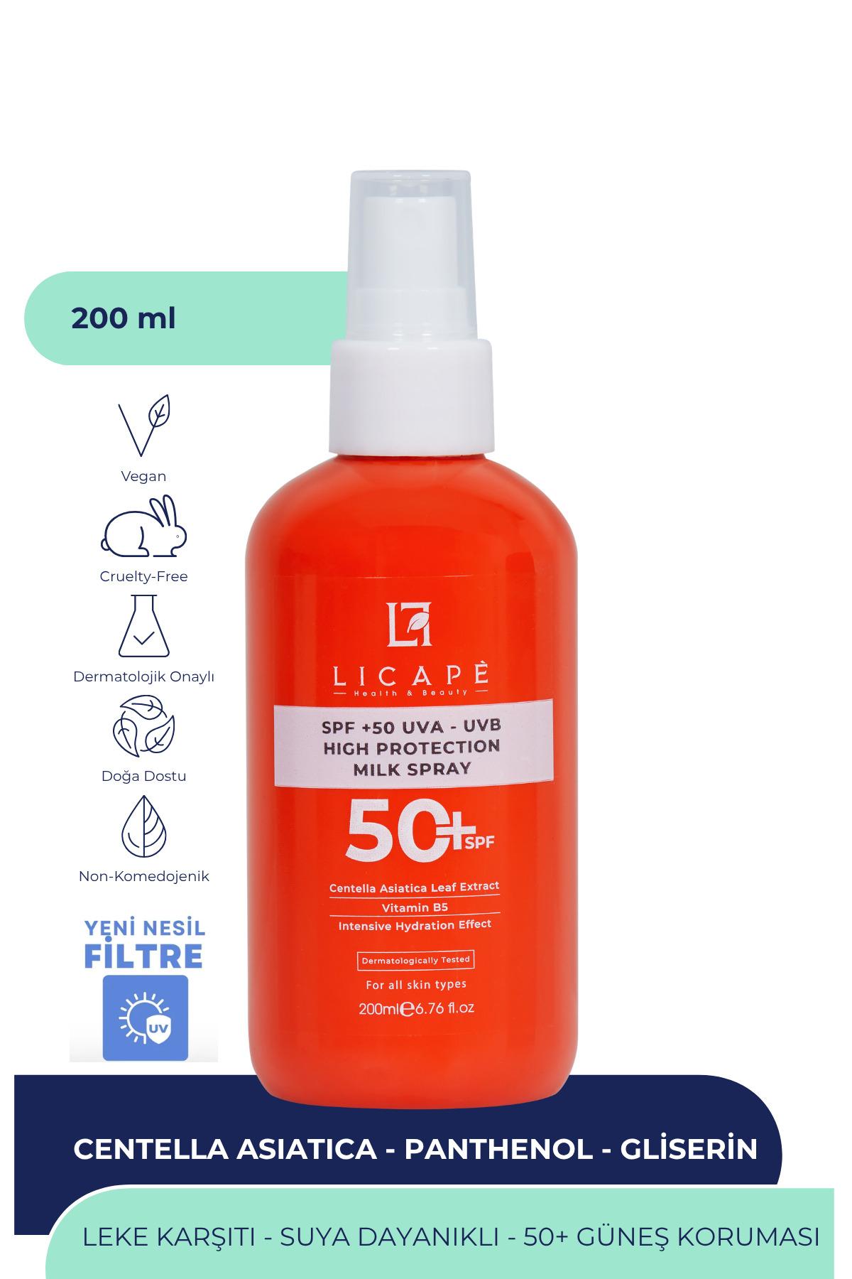 کرم ضد آفتاب بدن SPF 50 فاکتور UVA UVB اسپری شیر 200 میل Licape