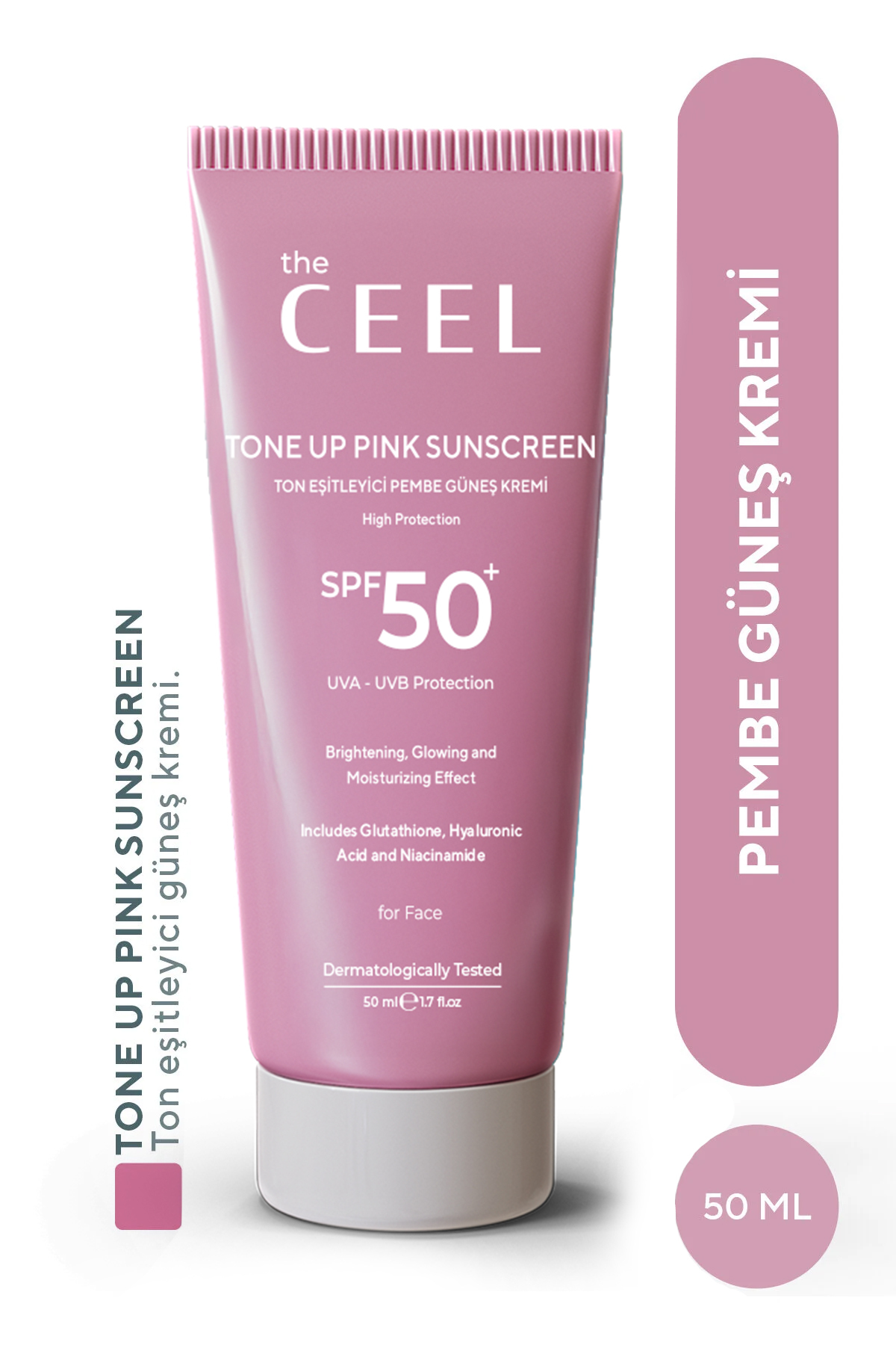 کرم ضد آفتاب SPF 50+ رنگ‌دار صورتی The Ceel - ضد لک، یکنواخت‌کننده tone، حاوی گلوتاتیون و اسید هیالورونیک، ۵۰ میلی‌لیتر